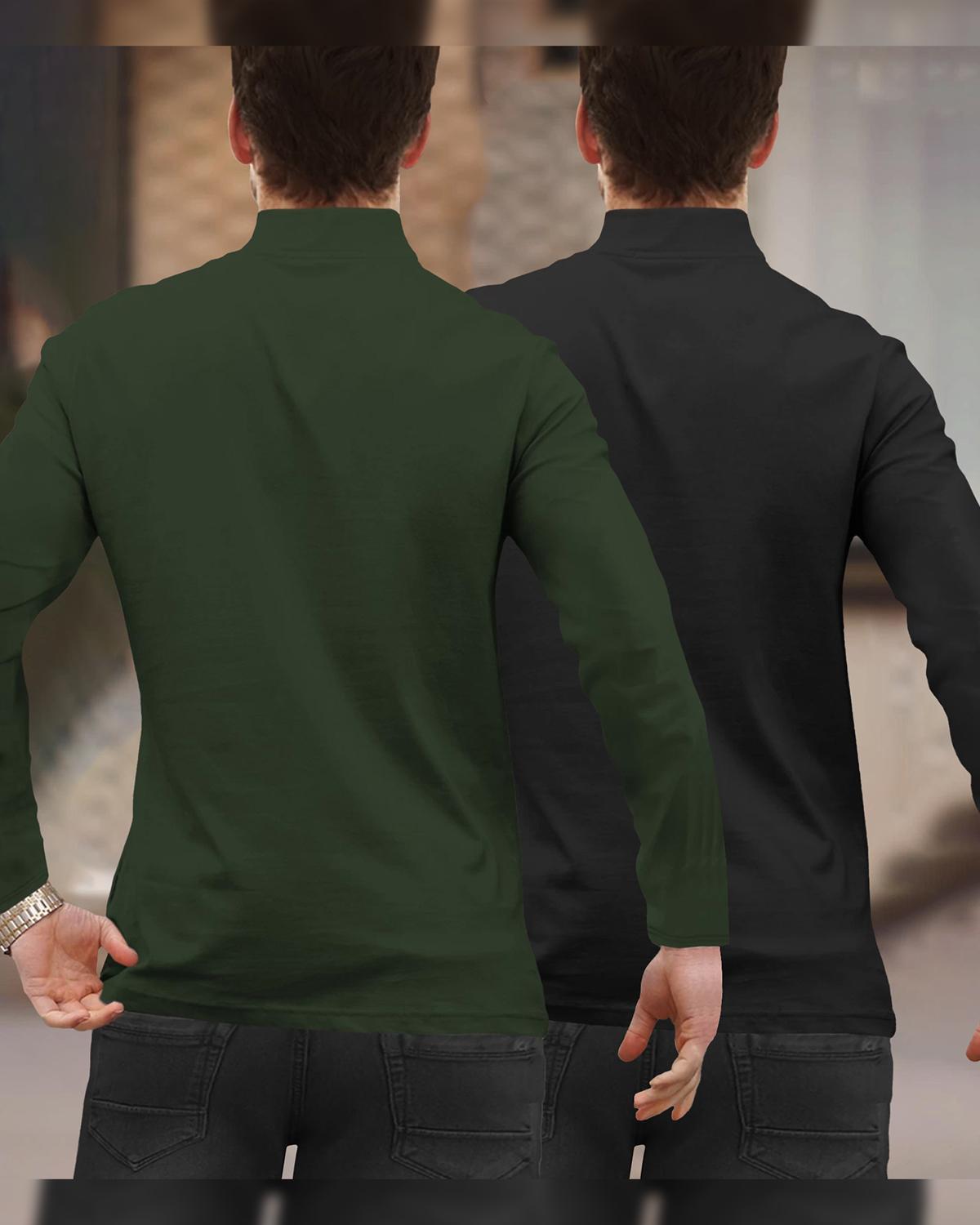 (Pack Of 2) Full Sleeve Men High Neck Plain Olive & Black T-shirts