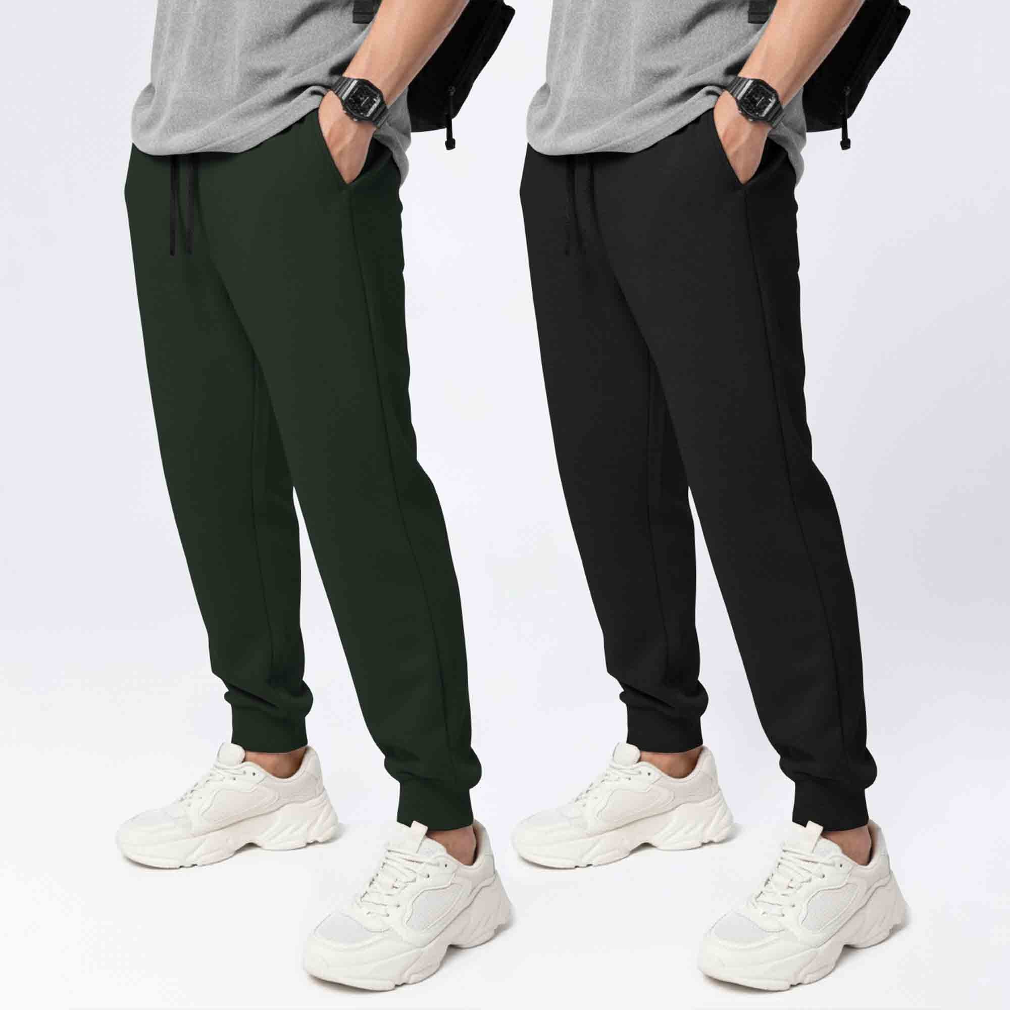 (Pack Of 2) Mens Cotton Blend Solid Olive & Black Joggers