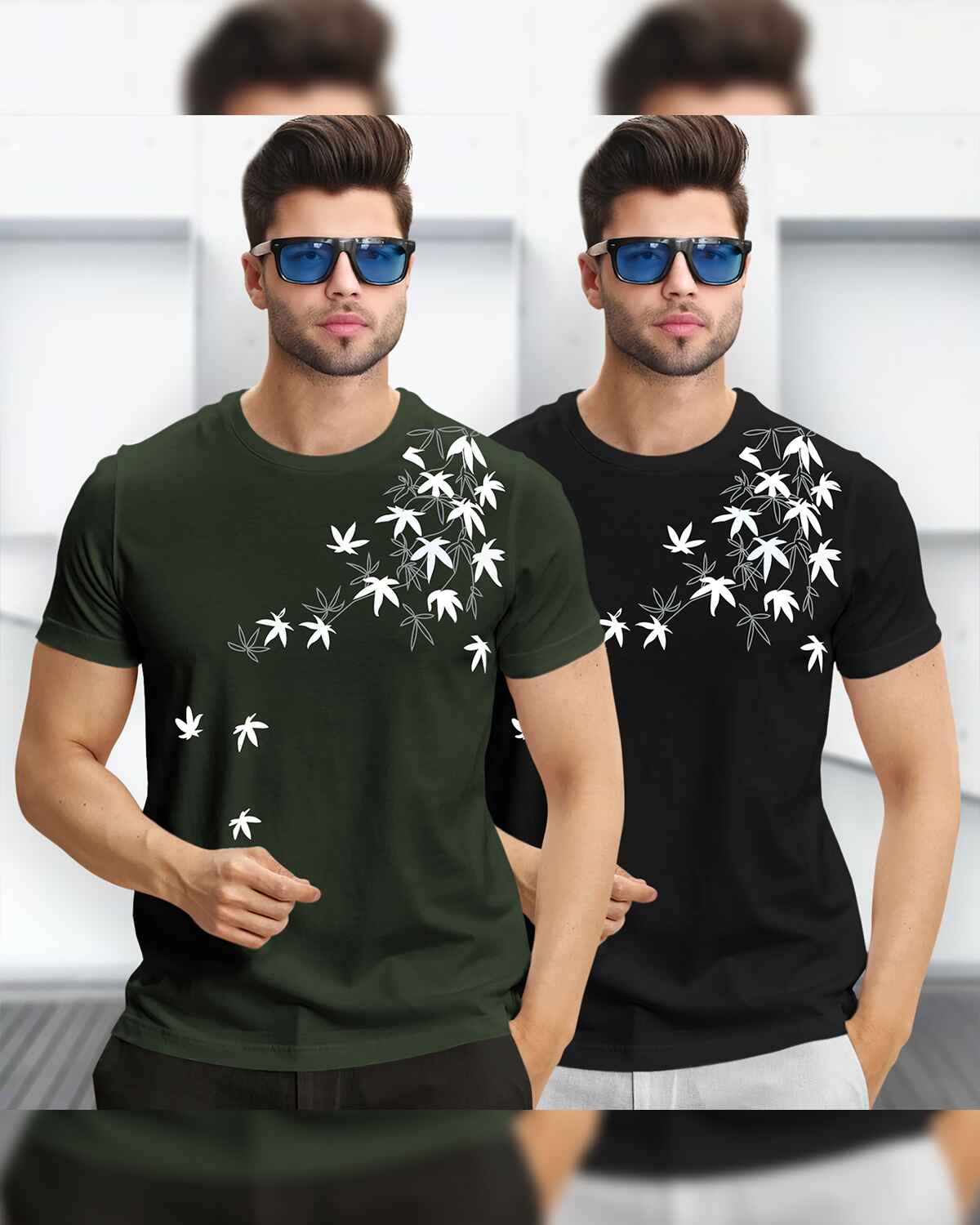 (Pack Of 2) Half Sleeve Olive & Black Floral Printed T-shirts