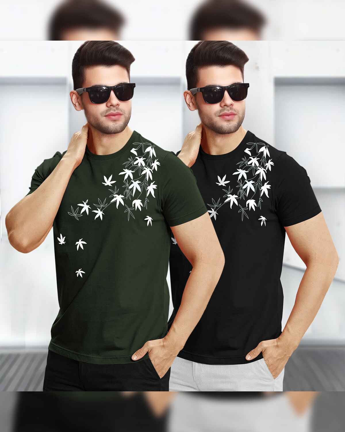 (Pack Of 2) Half Sleeve Olive & Black Floral Printed T-shirts