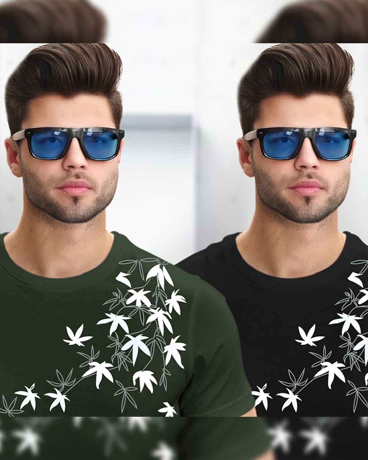 (Pack Of 2) Half Sleeve Olive & Black Floral Printed T-shirts