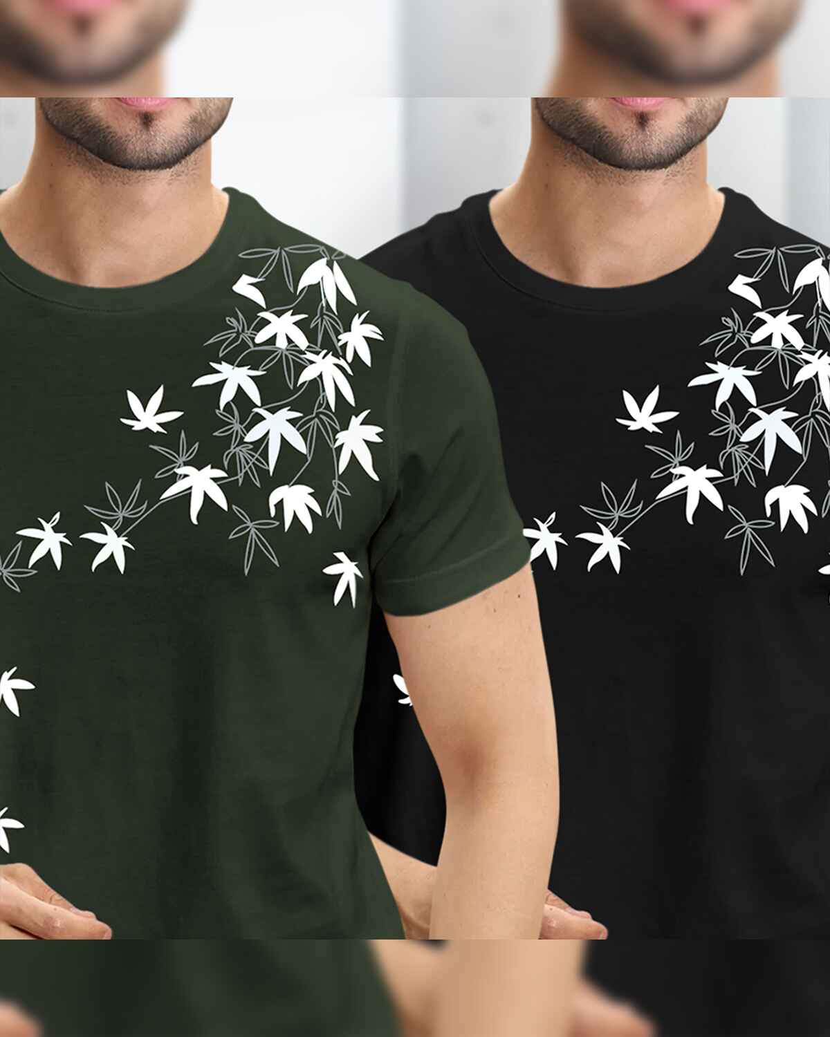 (Pack Of 2) Half Sleeve Olive & Black Floral Printed T-shirts