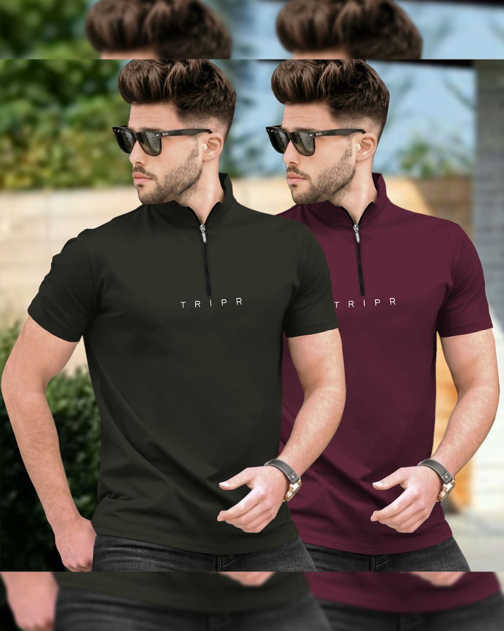 Mens High Neck Half Sleeve Olive & Maroon T-shirts (Pack Of 2)