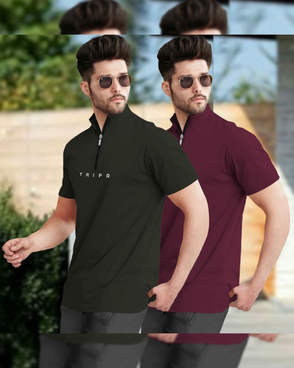 Mens High Neck Half Sleeve Olive & Maroon T-shirts (Pack Of 2)
