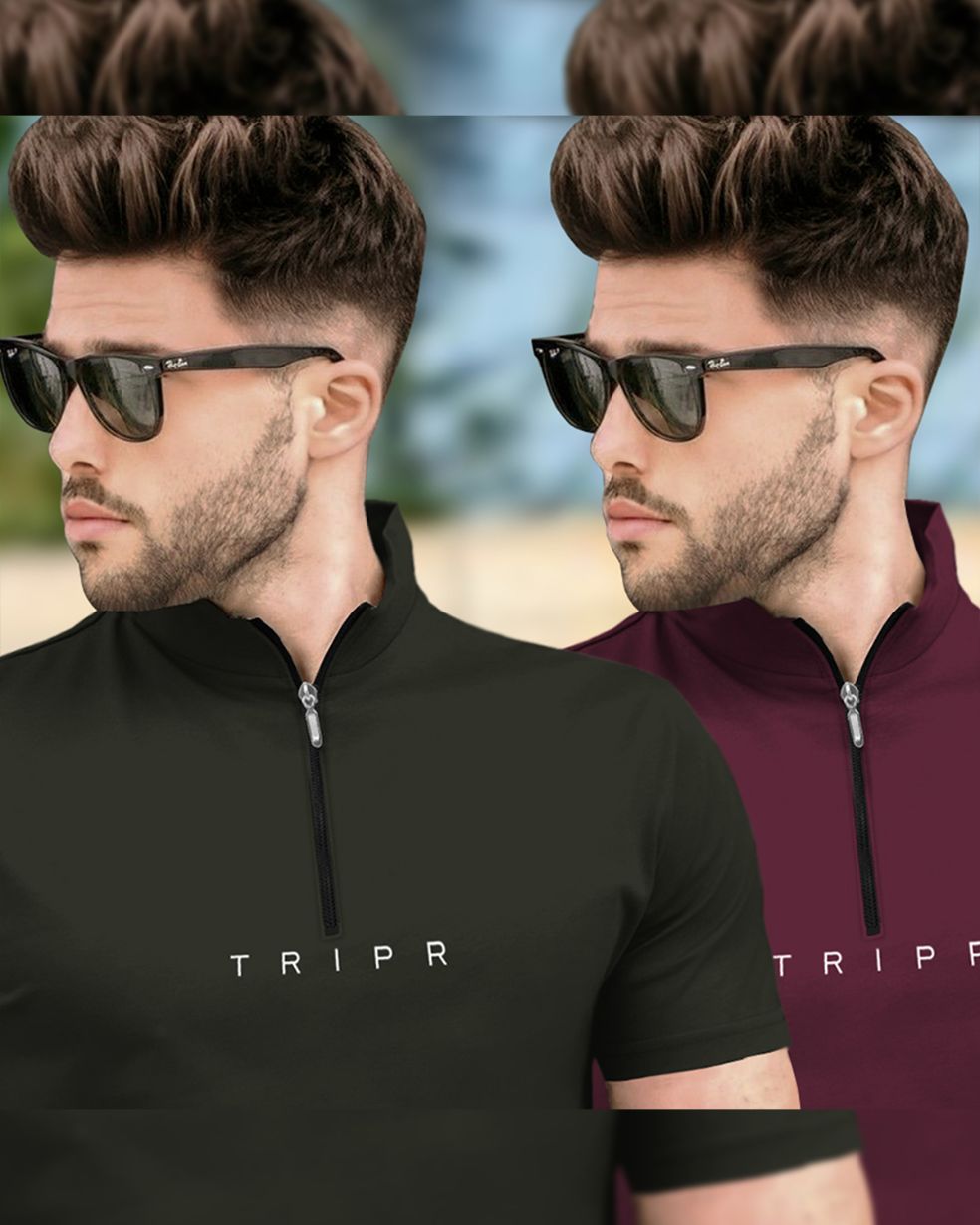 Mens High Neck Half Sleeve Olive & Maroon T-shirts (Pack Of 2)