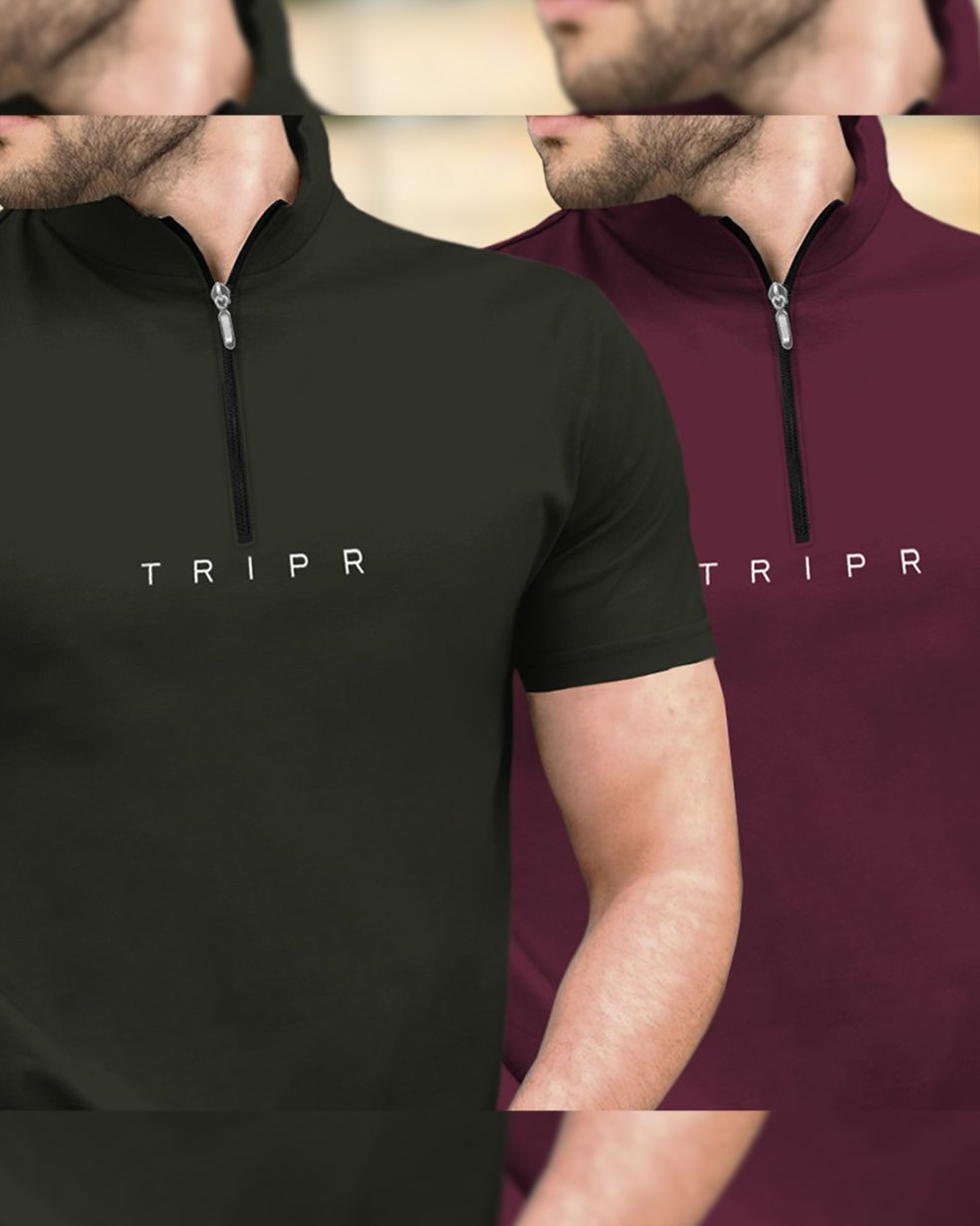 Mens High Neck Half Sleeve Olive & Maroon T-shirts (Pack Of 2)