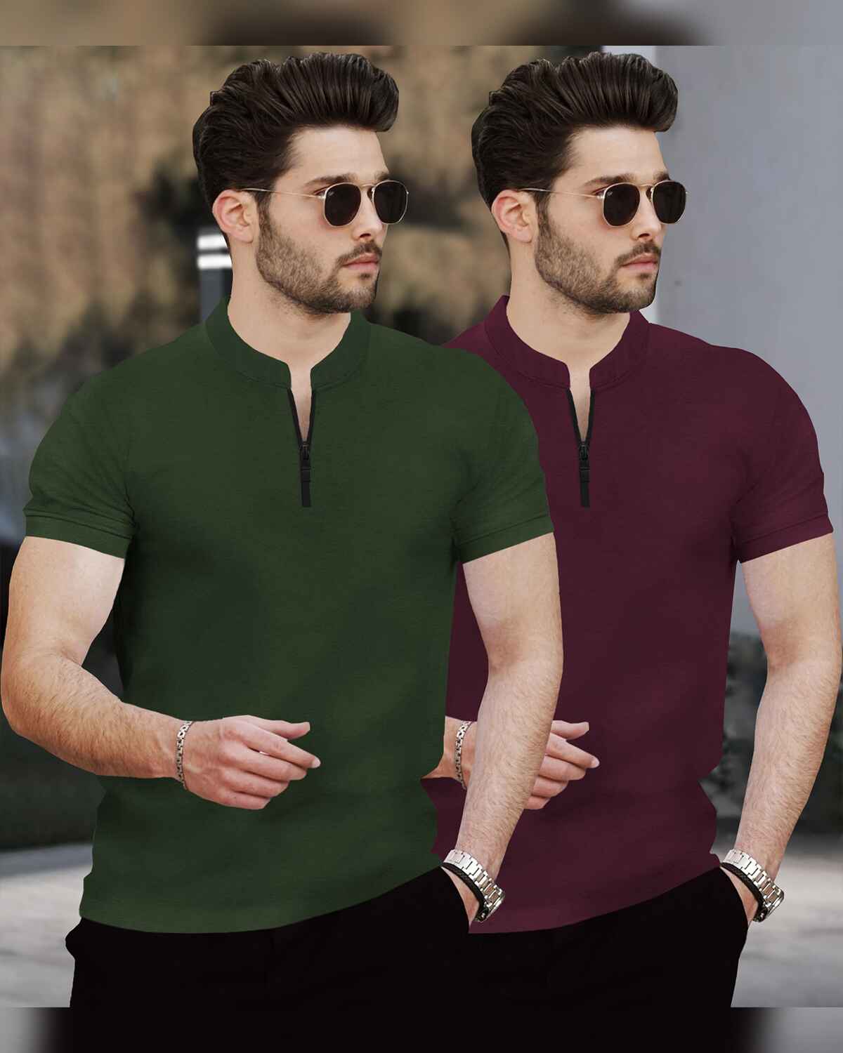 (Pack Of 2) Half Sleeve Men Henley Neck T-shirts / Olive & Maroon