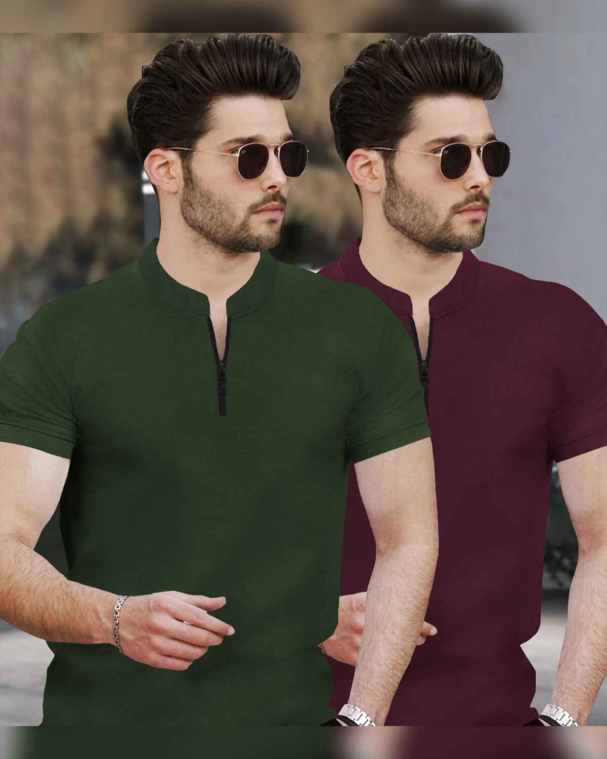 (Pack Of 2) Half Sleeve Men Henley Neck T-shirts / Olive & Maroon