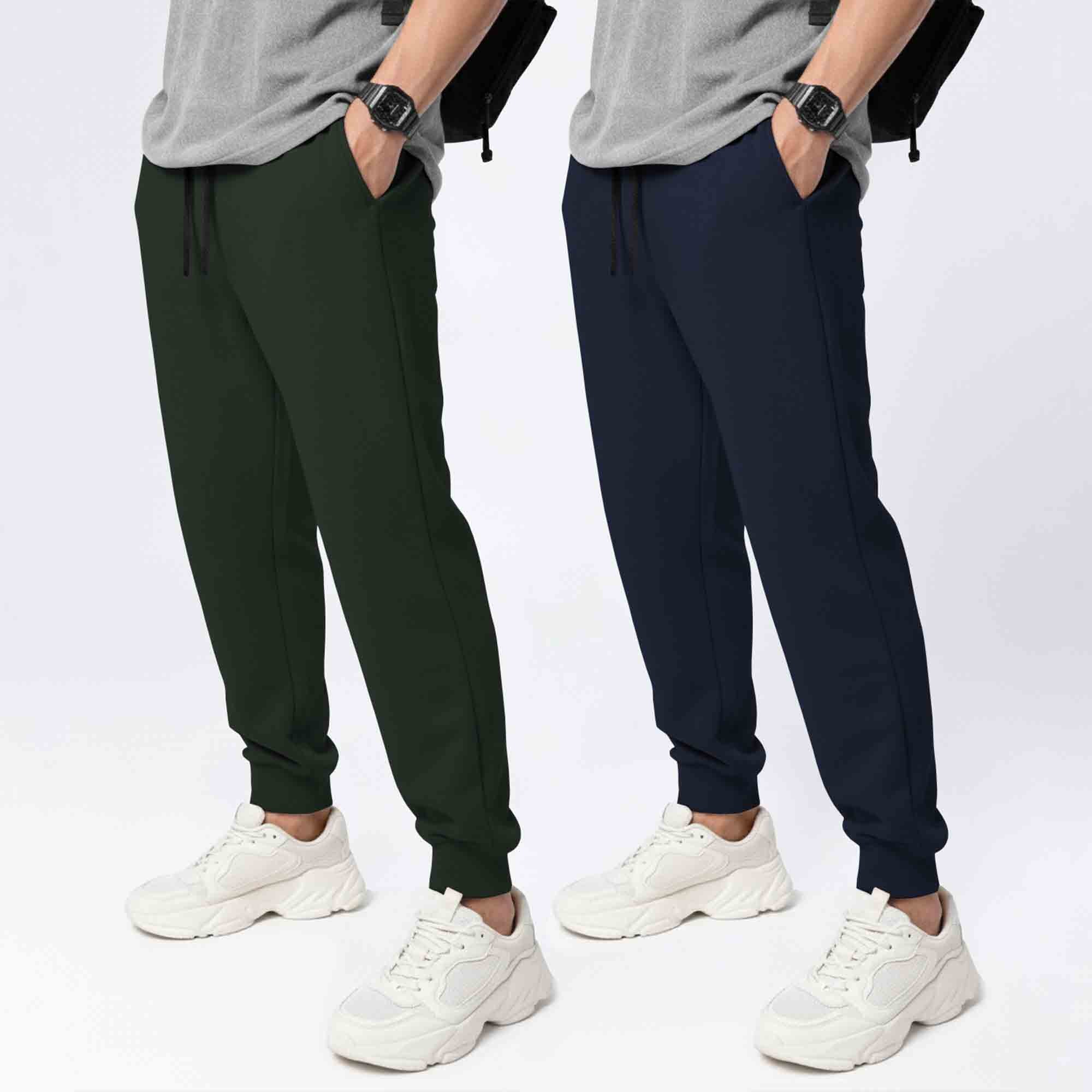 (Pack Of 2) Mens Cotton Blend Solid Olive & Navyblue Joggers