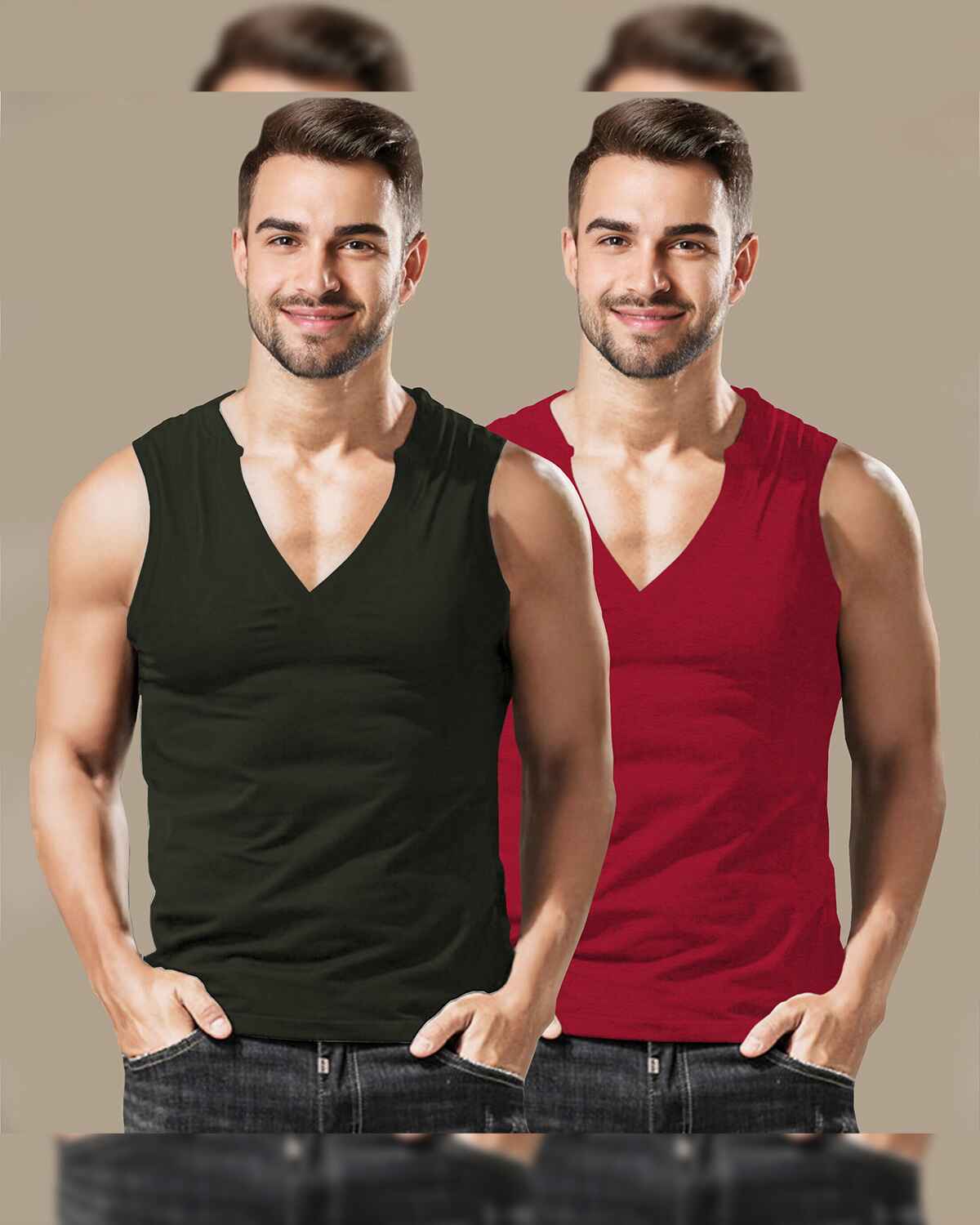 (Pack Of 2) Mens Plain V-Neck Vest / Olive & Red