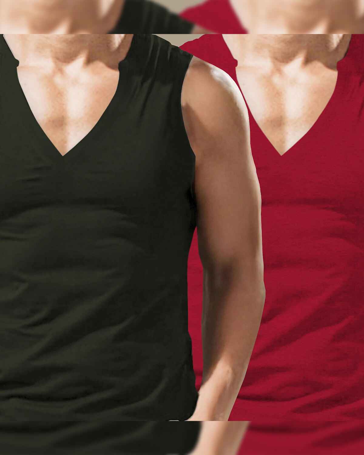 (Pack Of 2) Mens Plain V-Neck Vest / Olive & Red