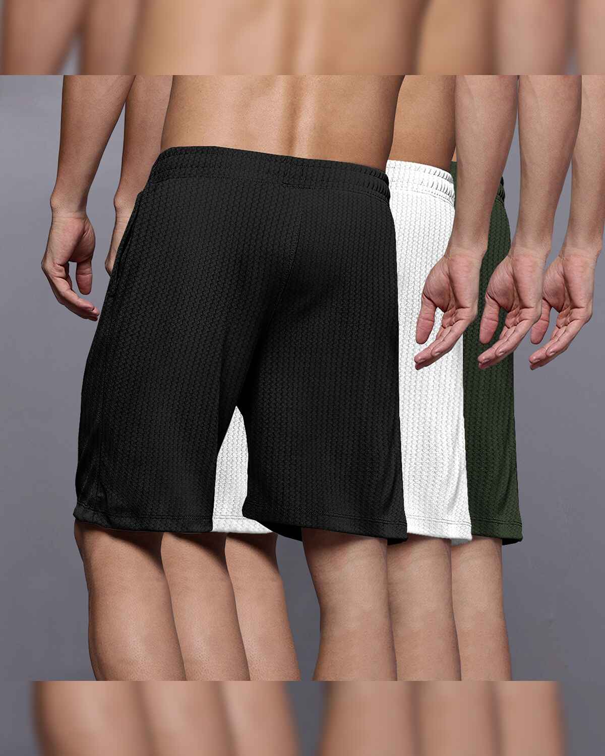 (Pack Of 3) Men Plain Olive-White-Black Waffle Shorts
