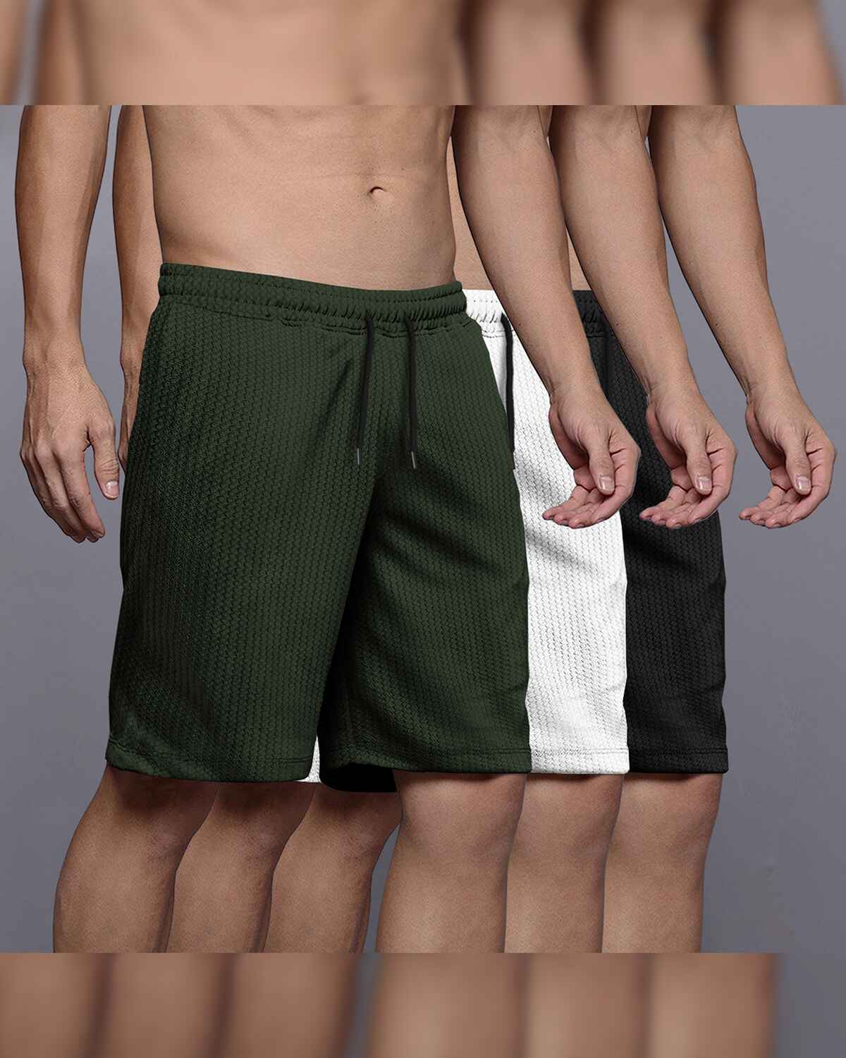 (Pack Of 3) Men Plain Olive-White-Black Waffle Shorts