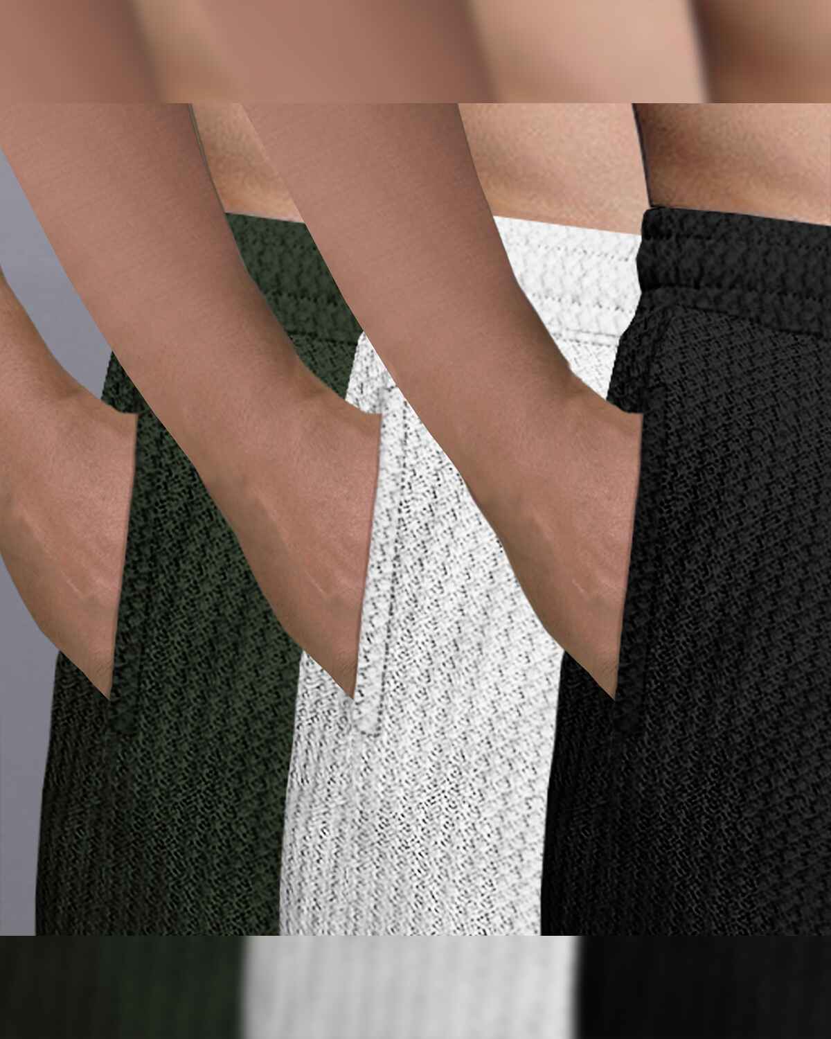 (Pack Of 3) Men Plain Olive-White-Black Waffle Shorts