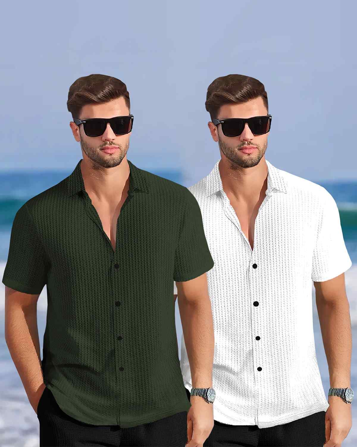 (Pack Of 2) Half Sleeve Plain Olive & White Contrast Waffle Shirts