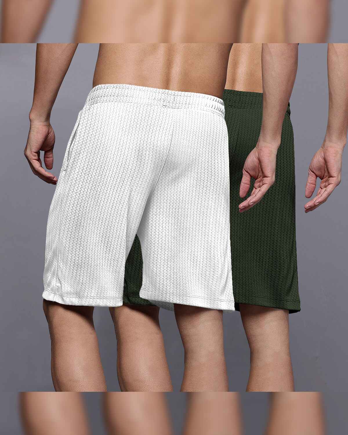 (Pack Of 2) Men Plain Olivegreen & White Waffle Shorts