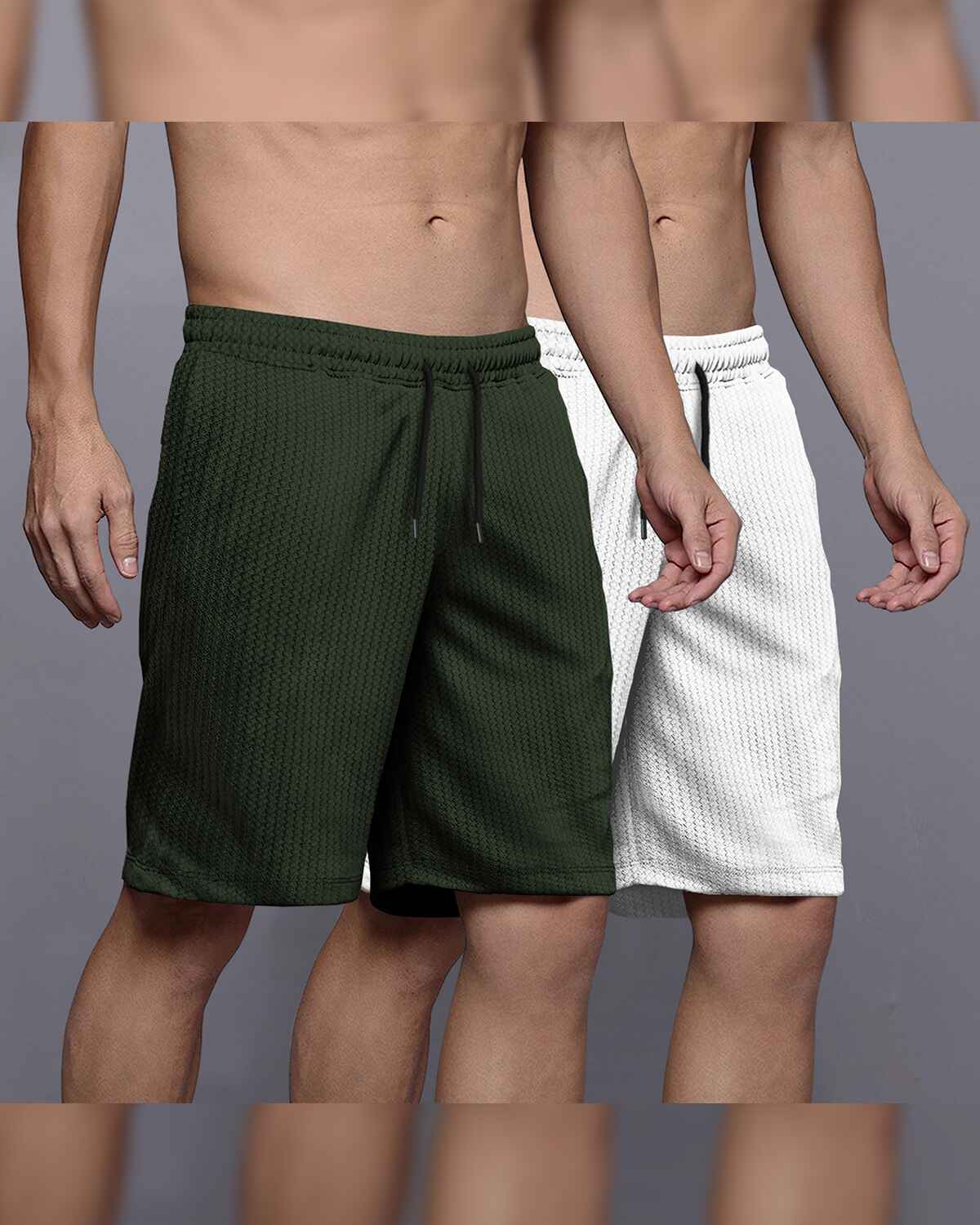 (Pack Of 2) Men Plain Olivegreen & White Waffle Shorts