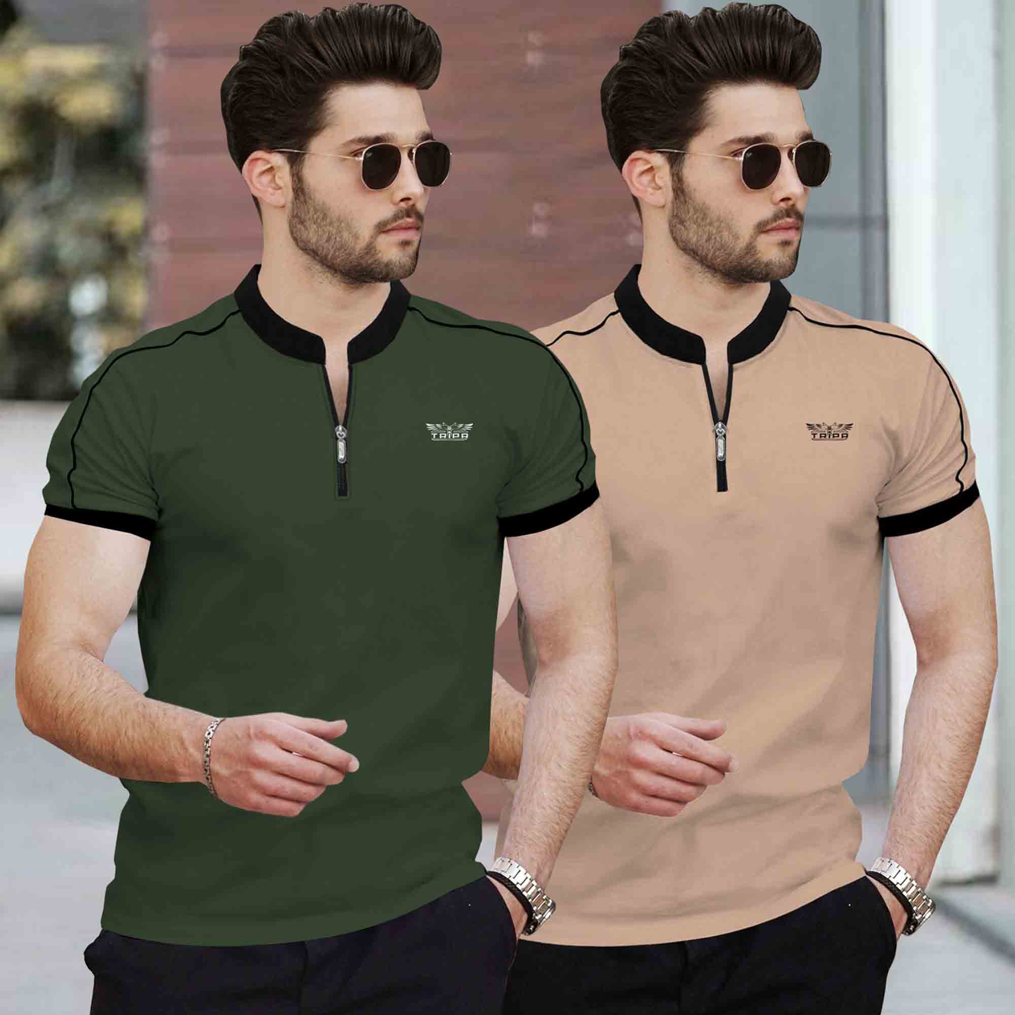 Mandarin Neck Half Sleeve Multicolor (Pack Of 2) T-shirts-12 Variants