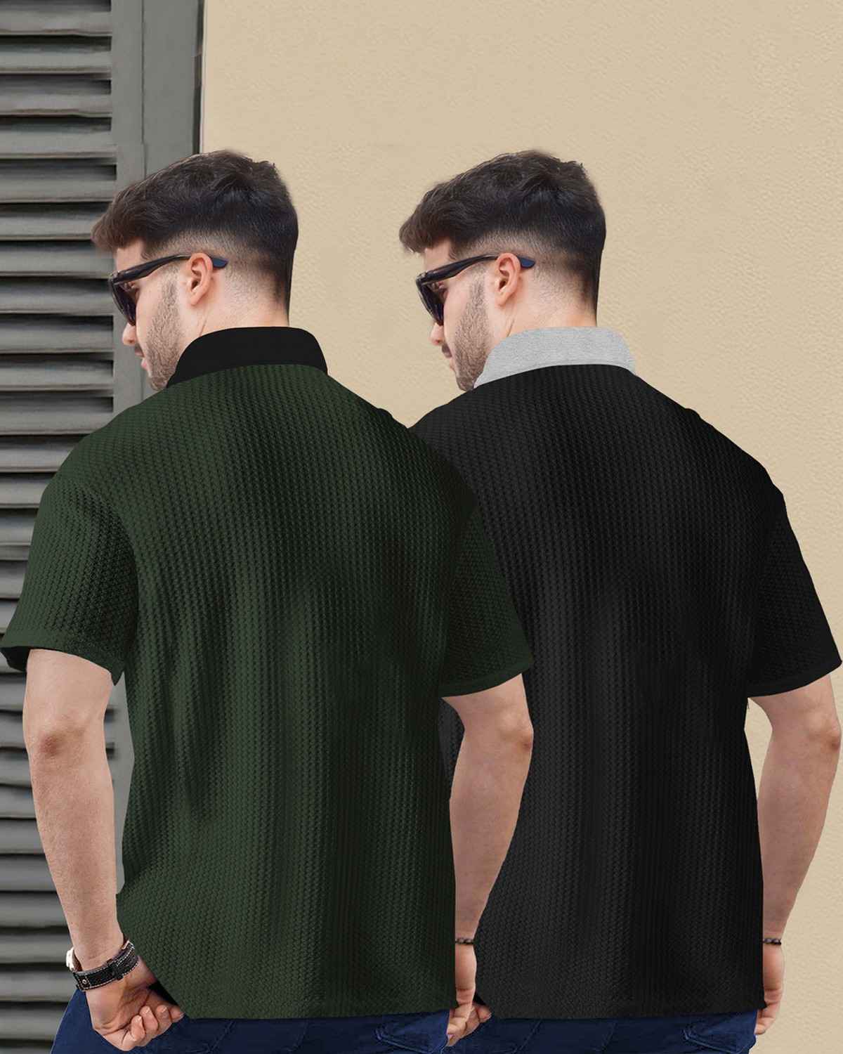 (Pack Of 2) Men Olive & Black Textured Polo Contrast Half Sleeve Waffle T-shirts