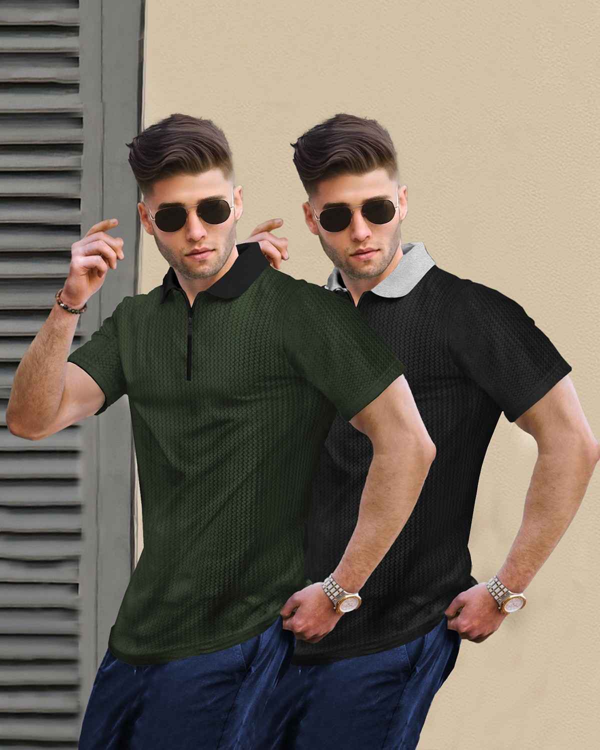 (Pack Of 2) Men Olive & Black Textured Polo Contrast Half Sleeve Waffle T-shirts