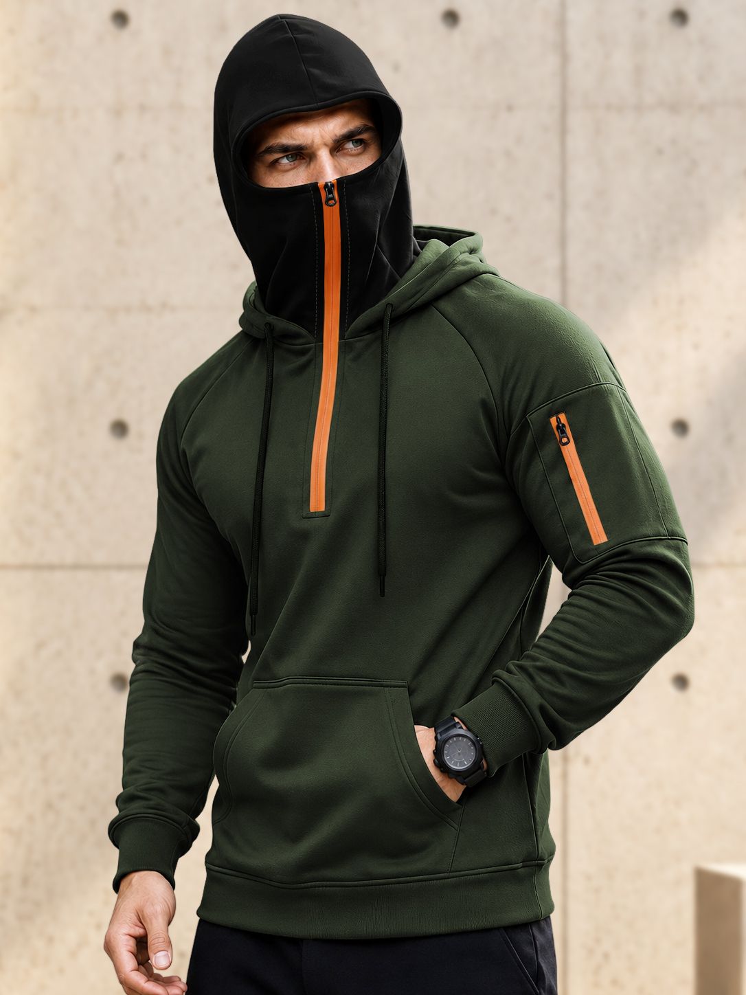 Mens Tactical Quarter-Zip Hoodie with Face Mask Sweatshirt Olivegreen