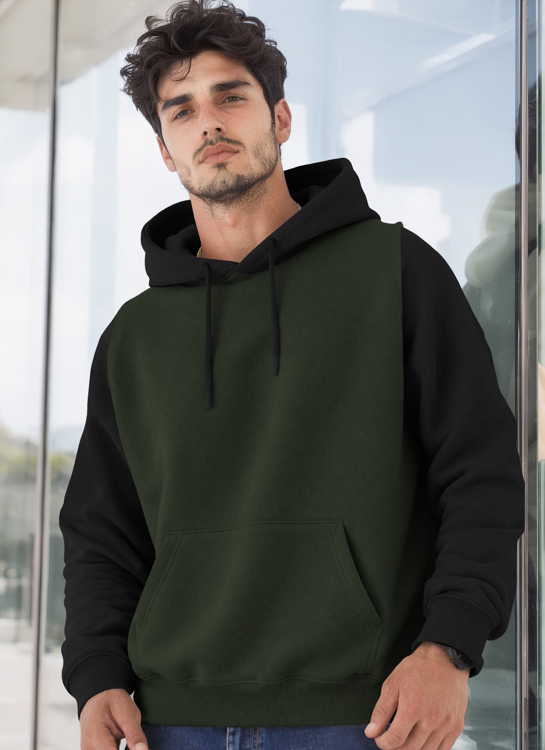 Mens Full Sleeve Two-Tone Casual Pullover Hoodie Olivegreen