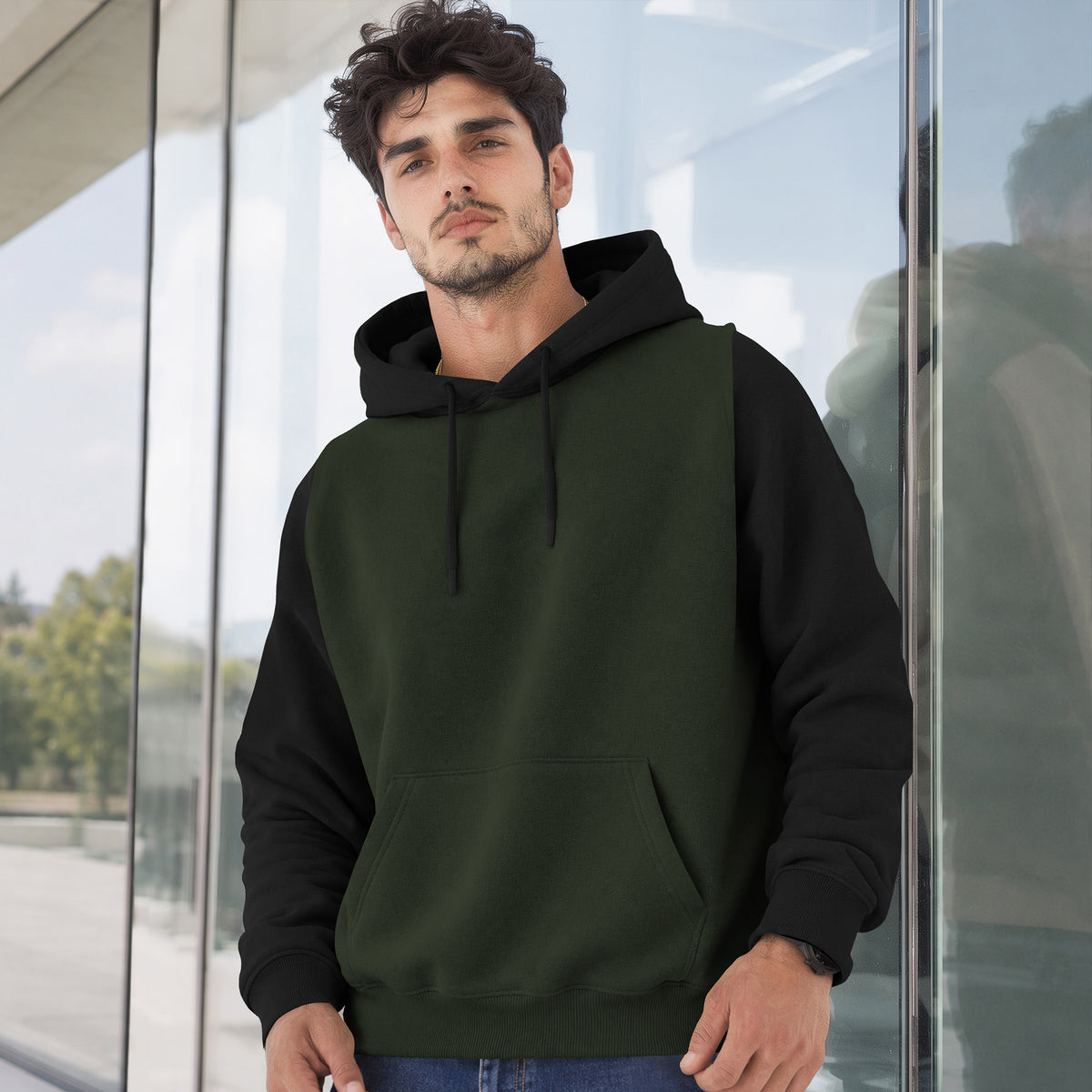 Mens Full Sleeve Two-Tone Casual Pullover Hoodie Olivegreen