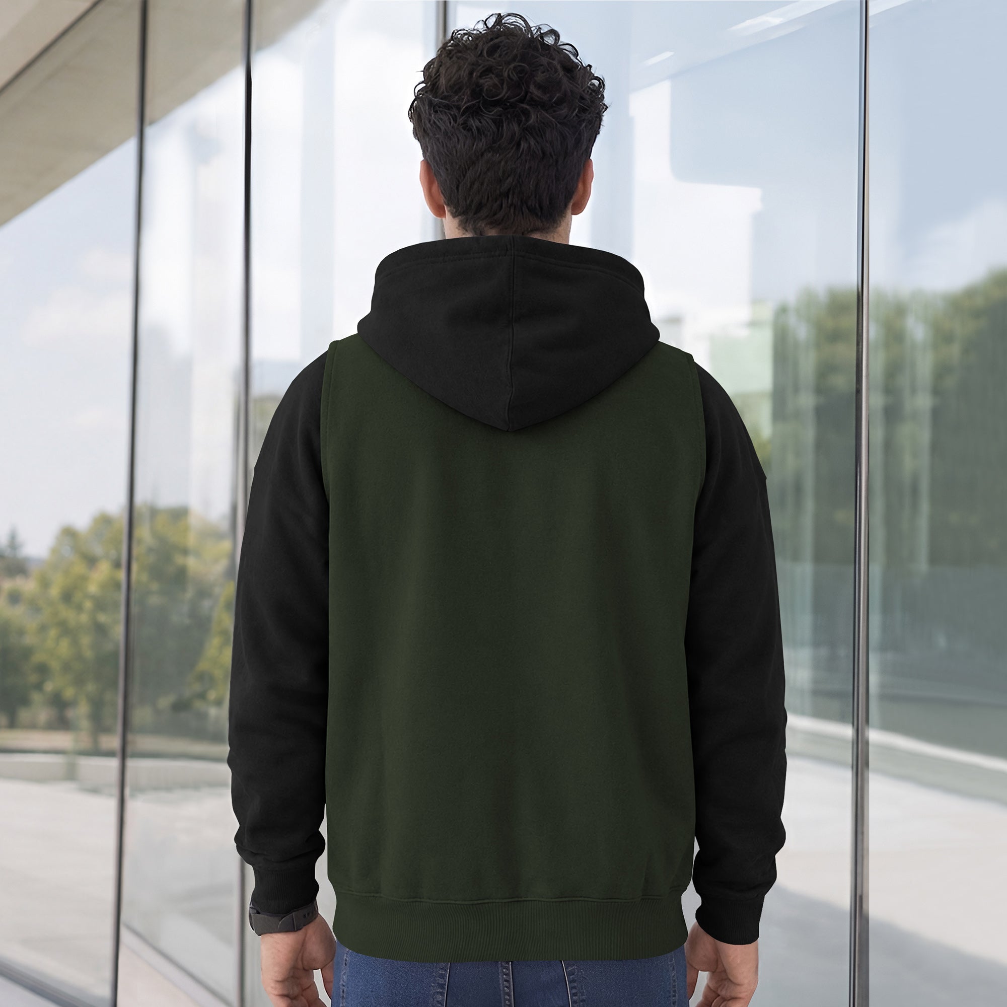 Mens Full Sleeve Two-Tone Casual Pullover Hoodie Olivegreen