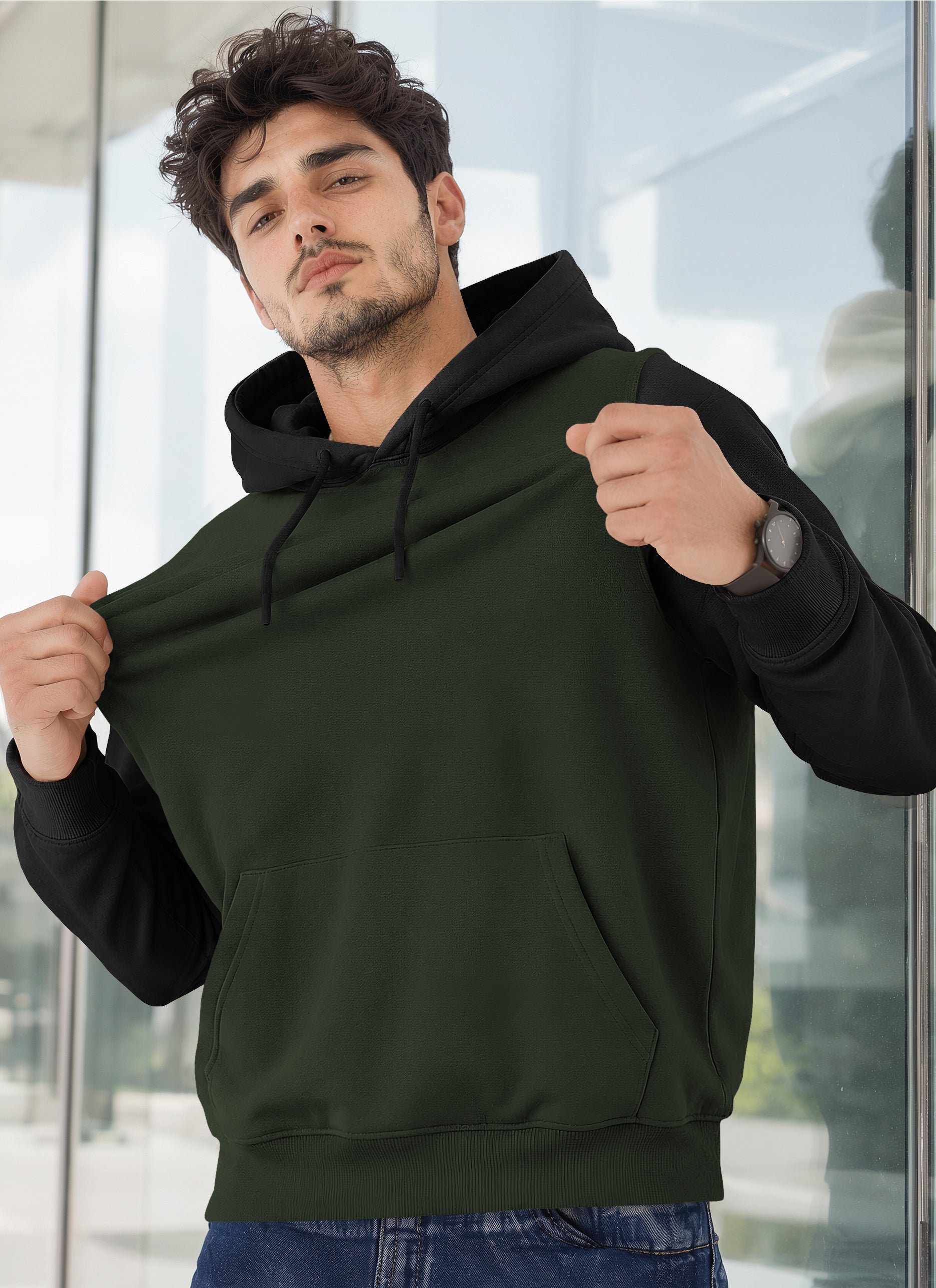 Mens Full Sleeve Two-Tone Casual Pullover Hoodie Olivegreen