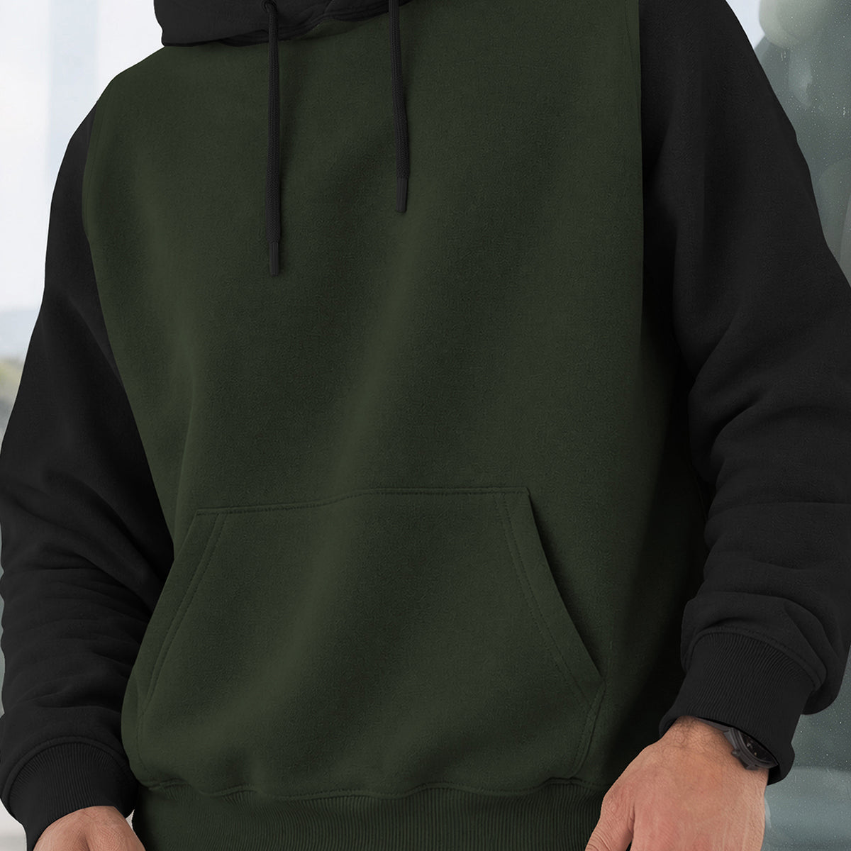 Mens Full Sleeve Two-Tone Casual Pullover Hoodie Olivegreen