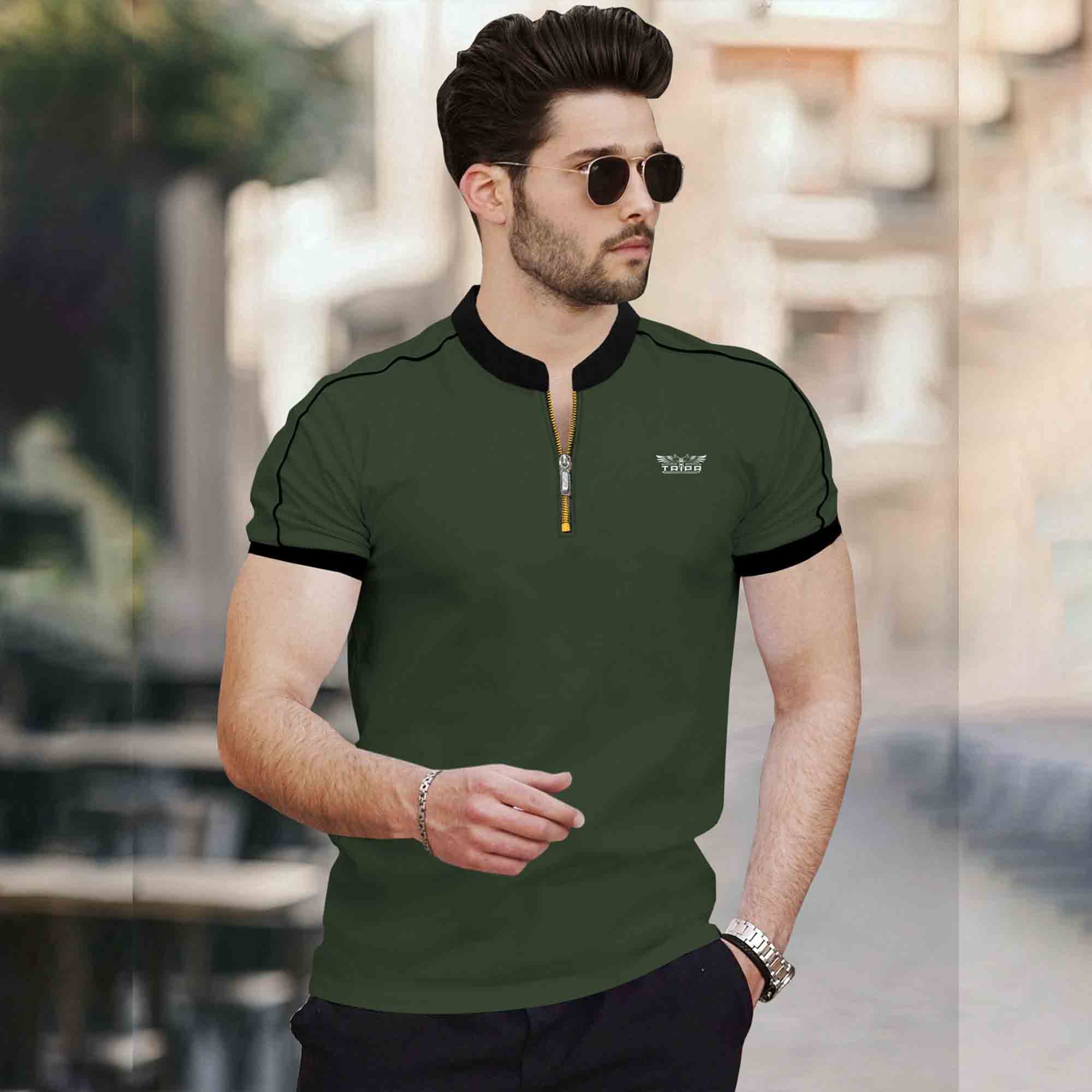 Mandarin Collar Quarter Zip Half Sleeve Tshirt Olivegreen