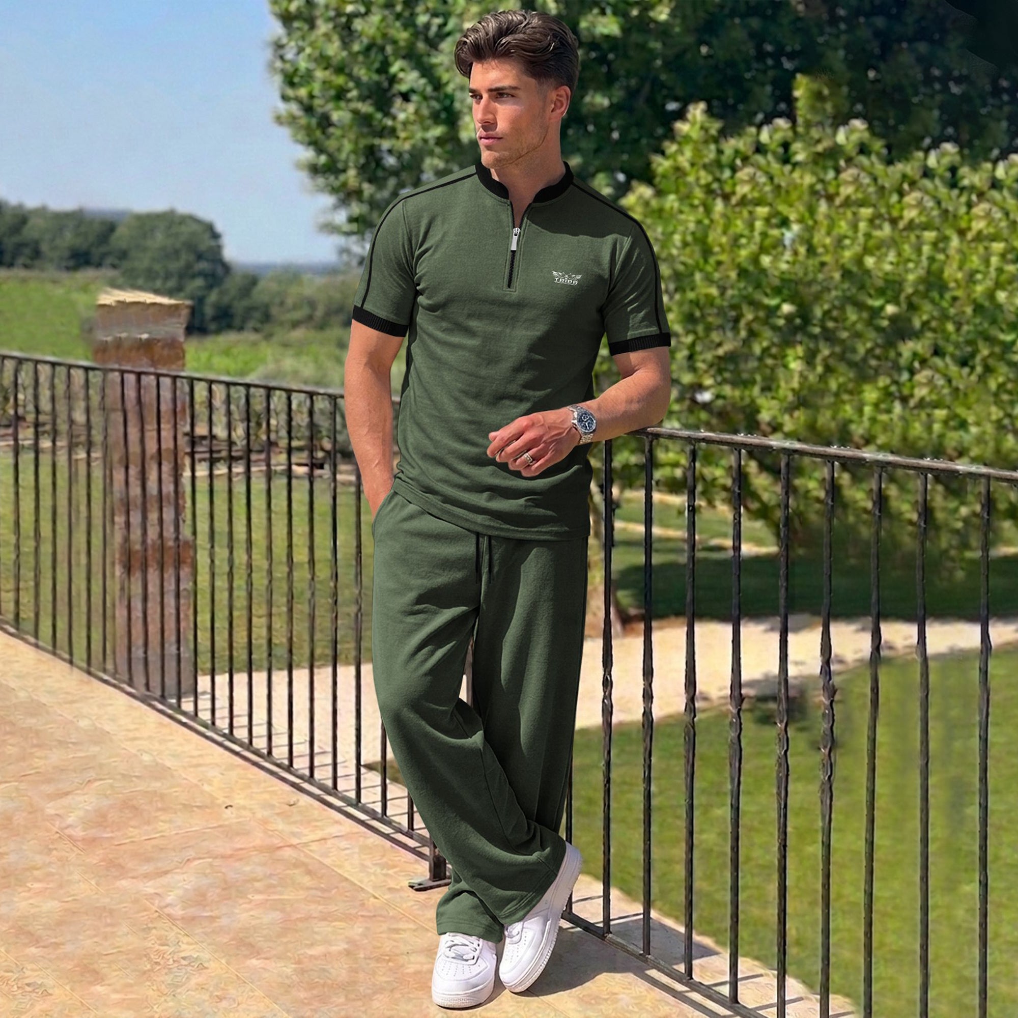 Men Tracksuit High Neck Tshirts Loose Fit Plain Trackpants