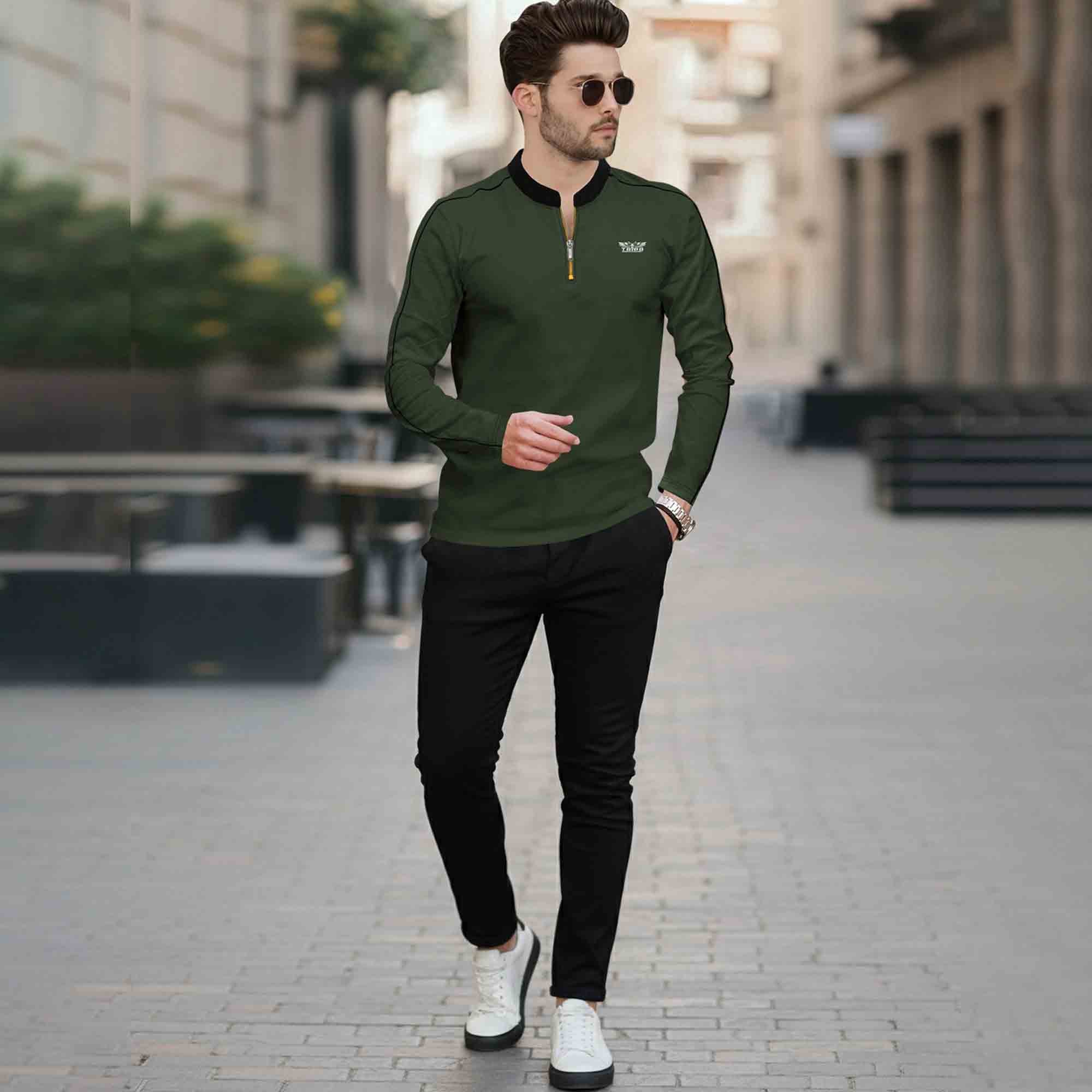 Mandarin Collar Quarter Zip Full Sleeve Tshirt Olivegreen