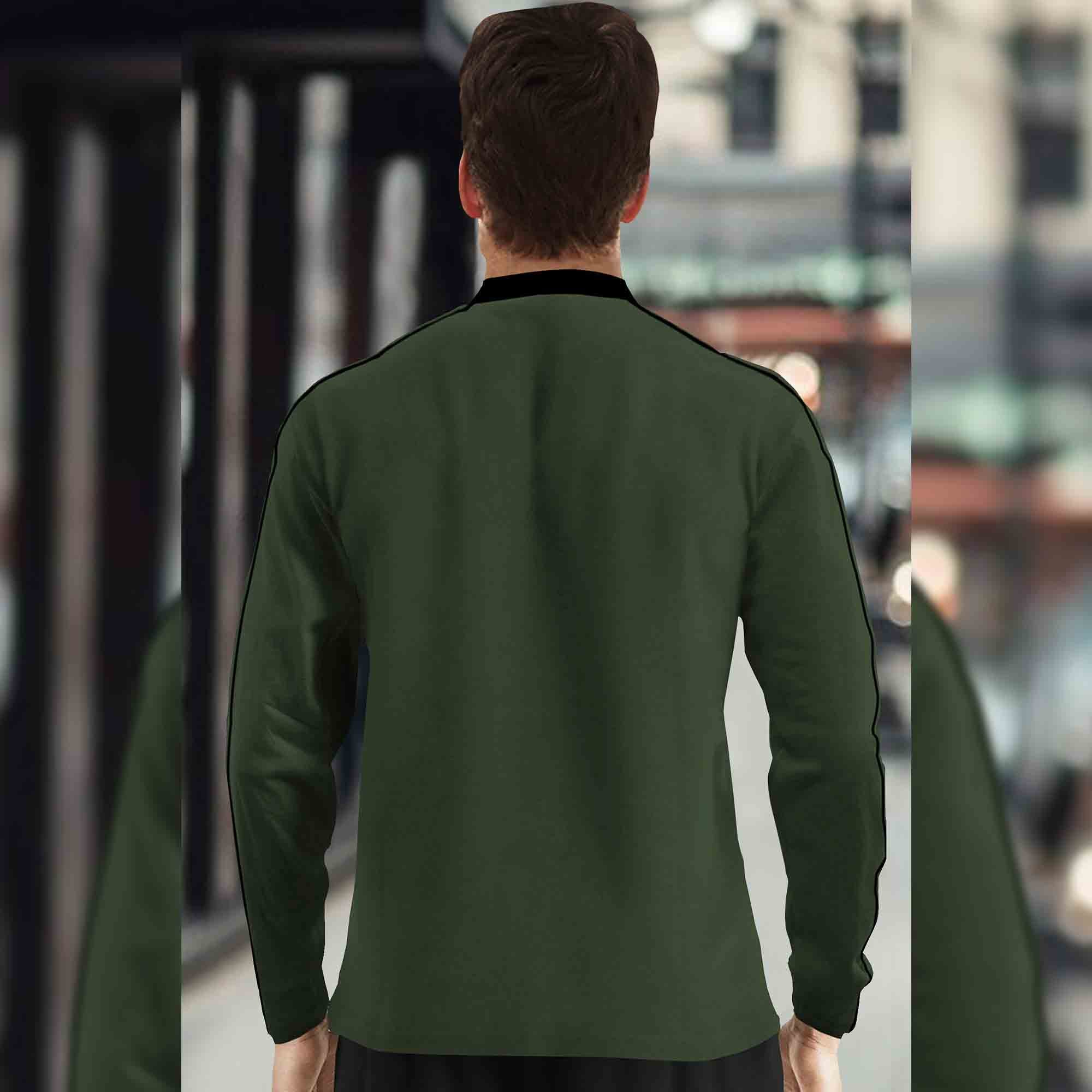 Men Mandarin Collar Long Sleeve Olive Green T-Shirt