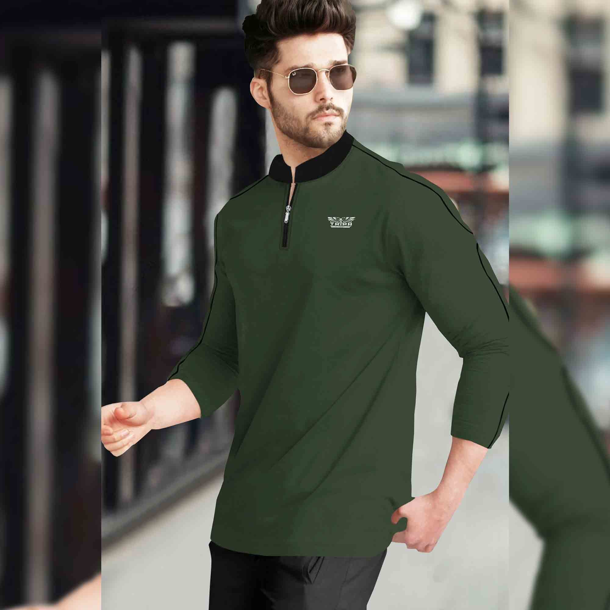 Men Mandarin Collar Long Sleeve Olive Green T-Shirt