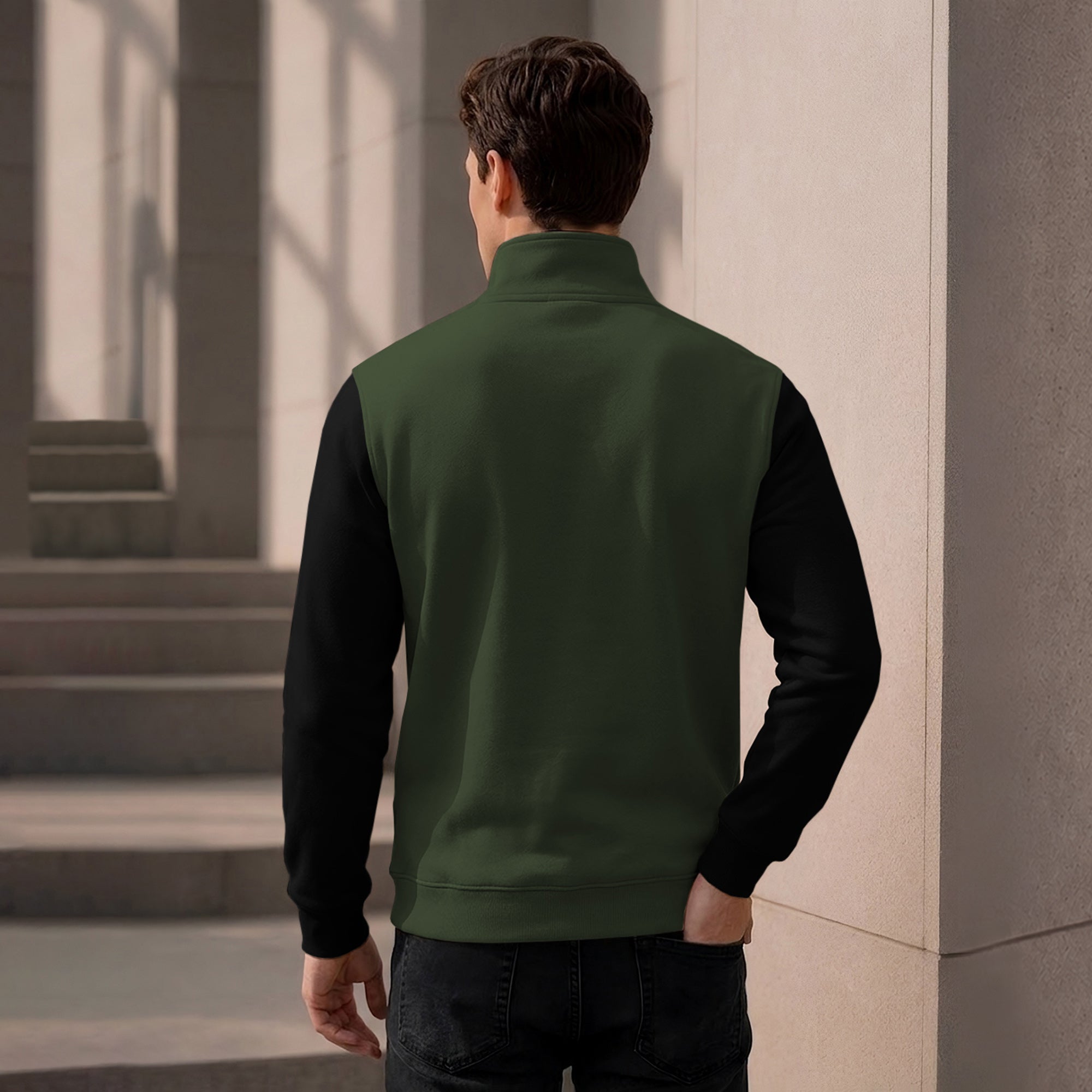 Colorblocked Quarter Zip Neck Full Sleeve Sweatshirt Olivegreen