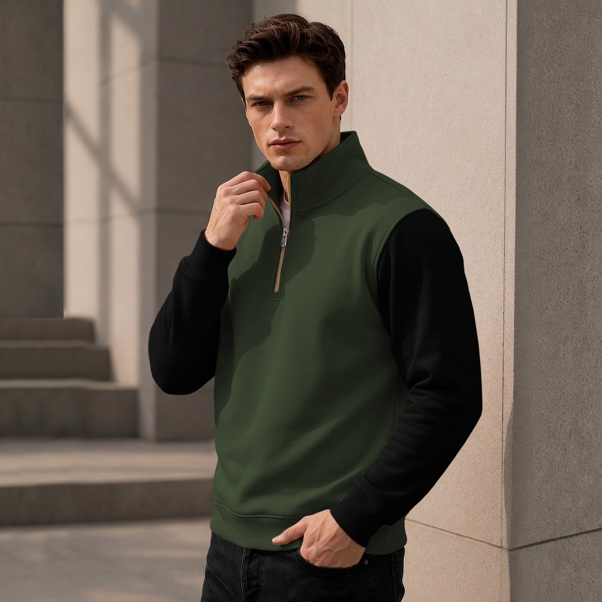 Colorblocked Quarter Zip Neck Full Sleeve Sweatshirt Olivegreen