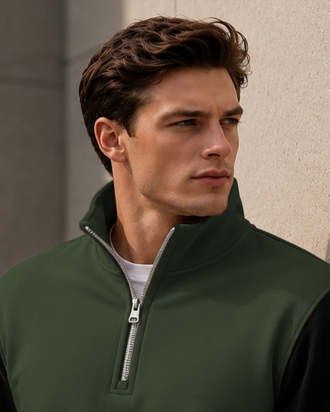 Colorblocked Quarter Zip Neck Full Sleeve Sweatshirt Olivegreen