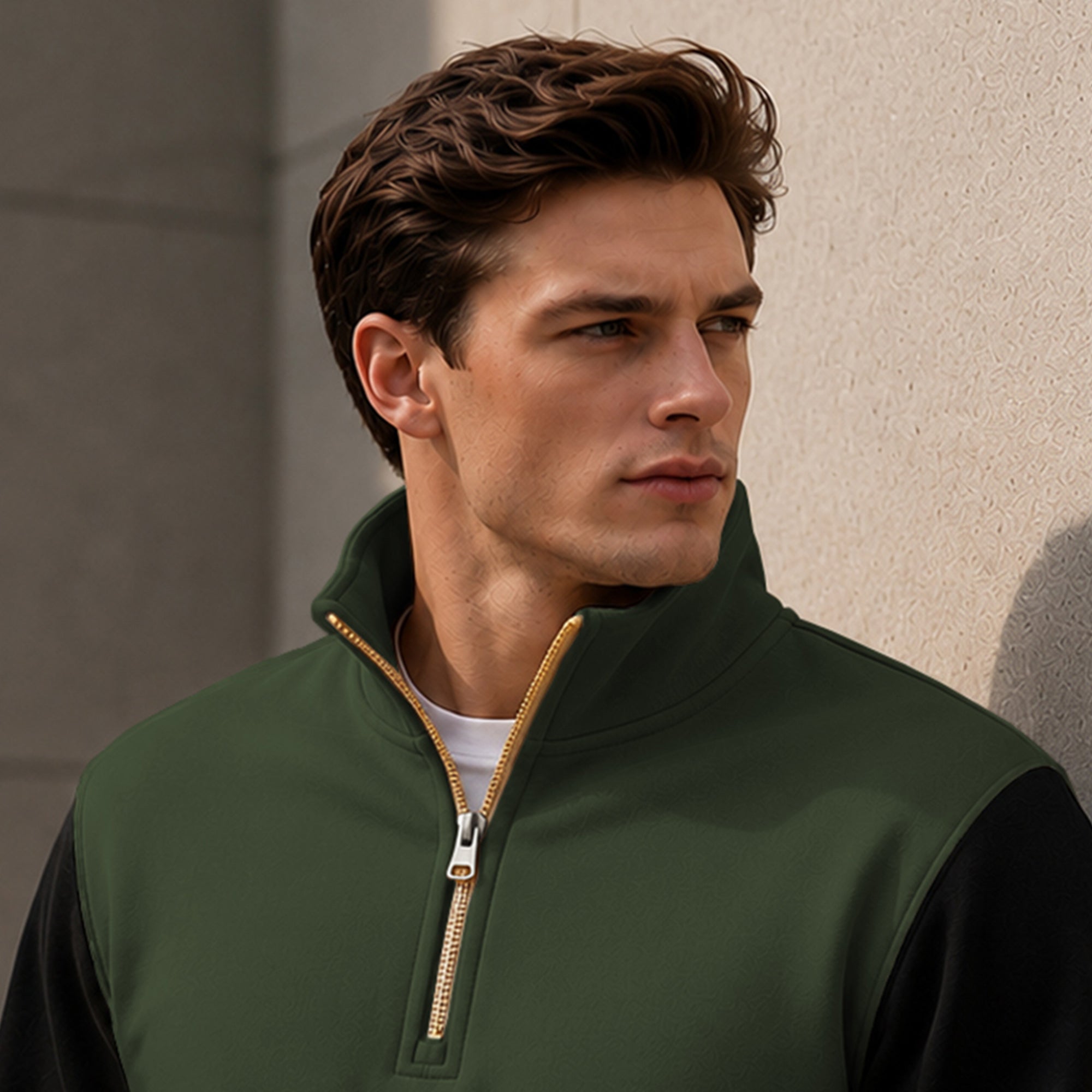 Colorblocked Quarter Zip Neck Full Sleeve Sweatshirt Olivegreen