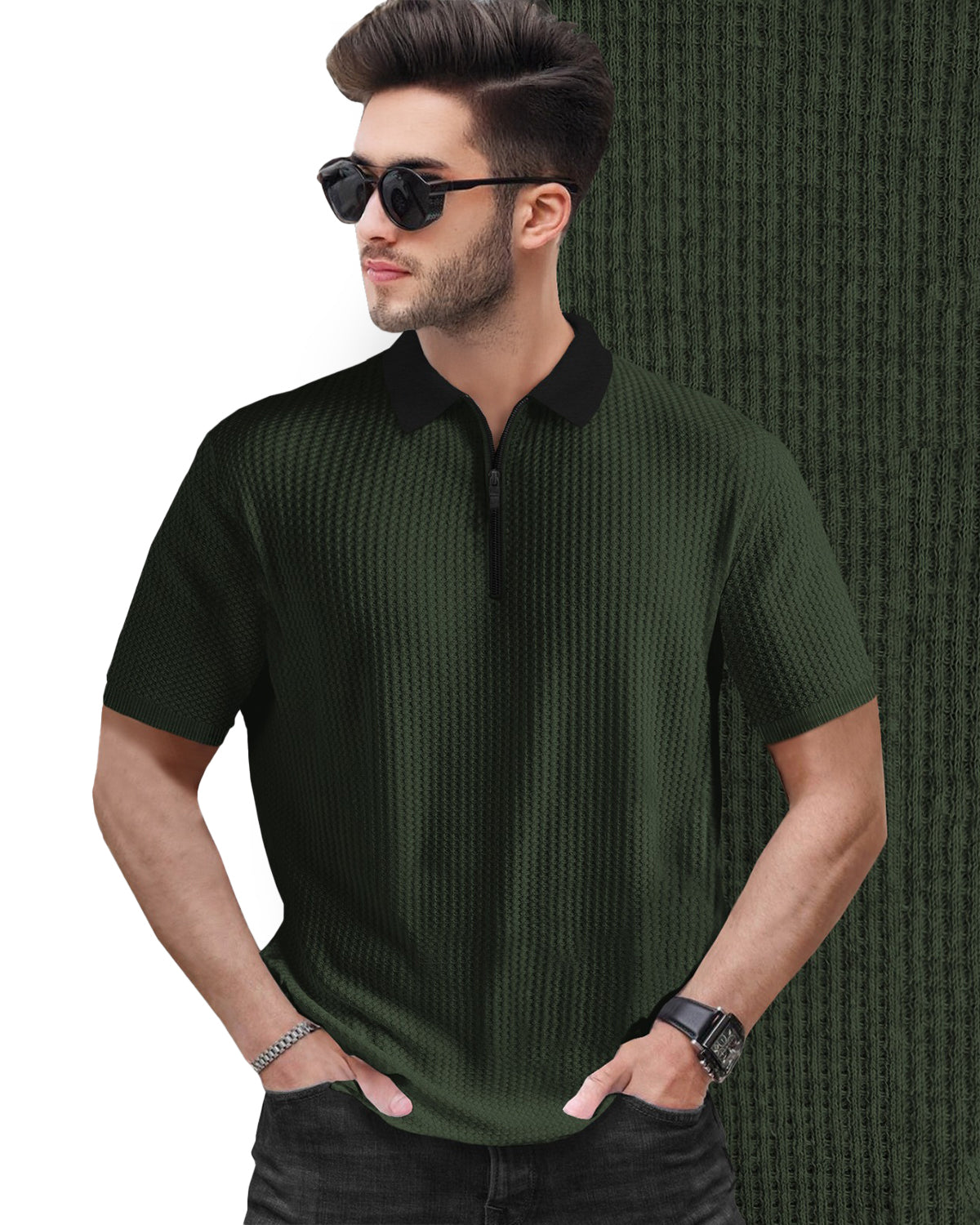 Polo Collar Half Sleeve Olivegreen Black Contrast Waffle Textured T-shirt