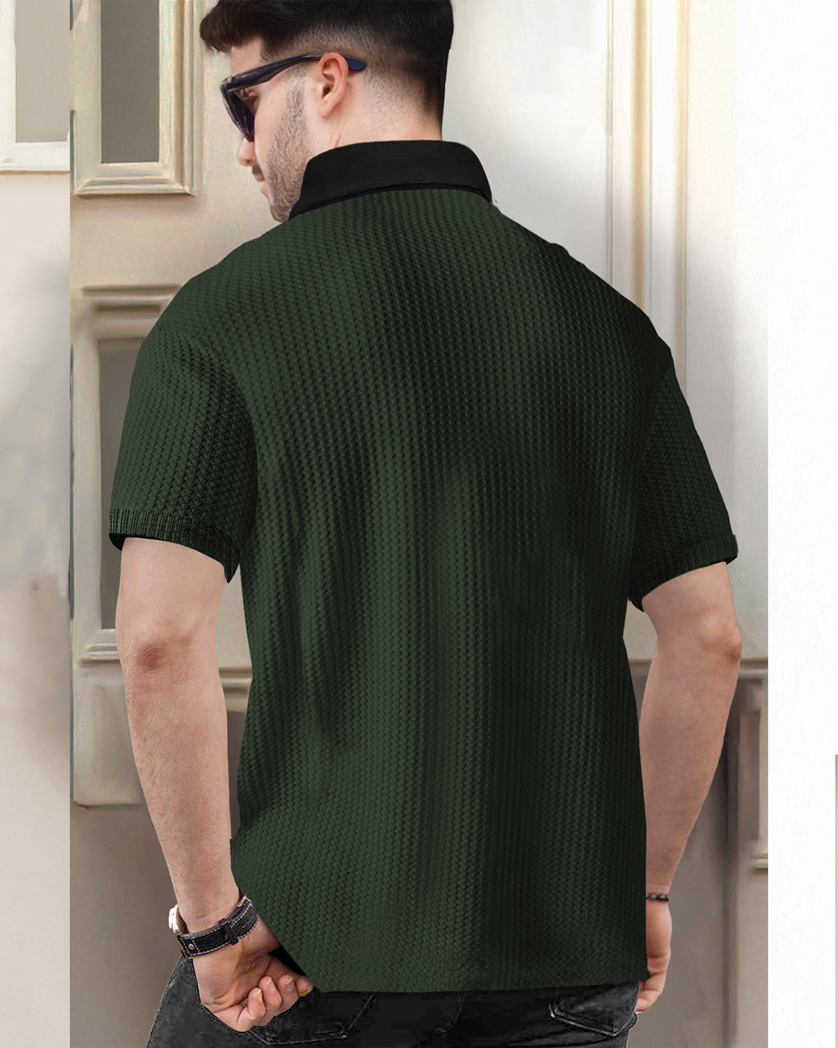 Polo Collar Half Sleeve Olivegreen Black Contrast Waffle Textured T-shirt