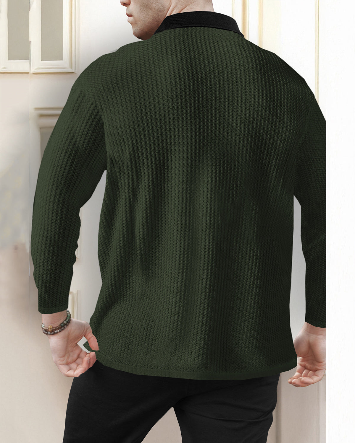 Men’s Waffle Textured Olive Green Full Sleeve Polo T-Shirt with Quarter Zip Neck - Contrast Collar