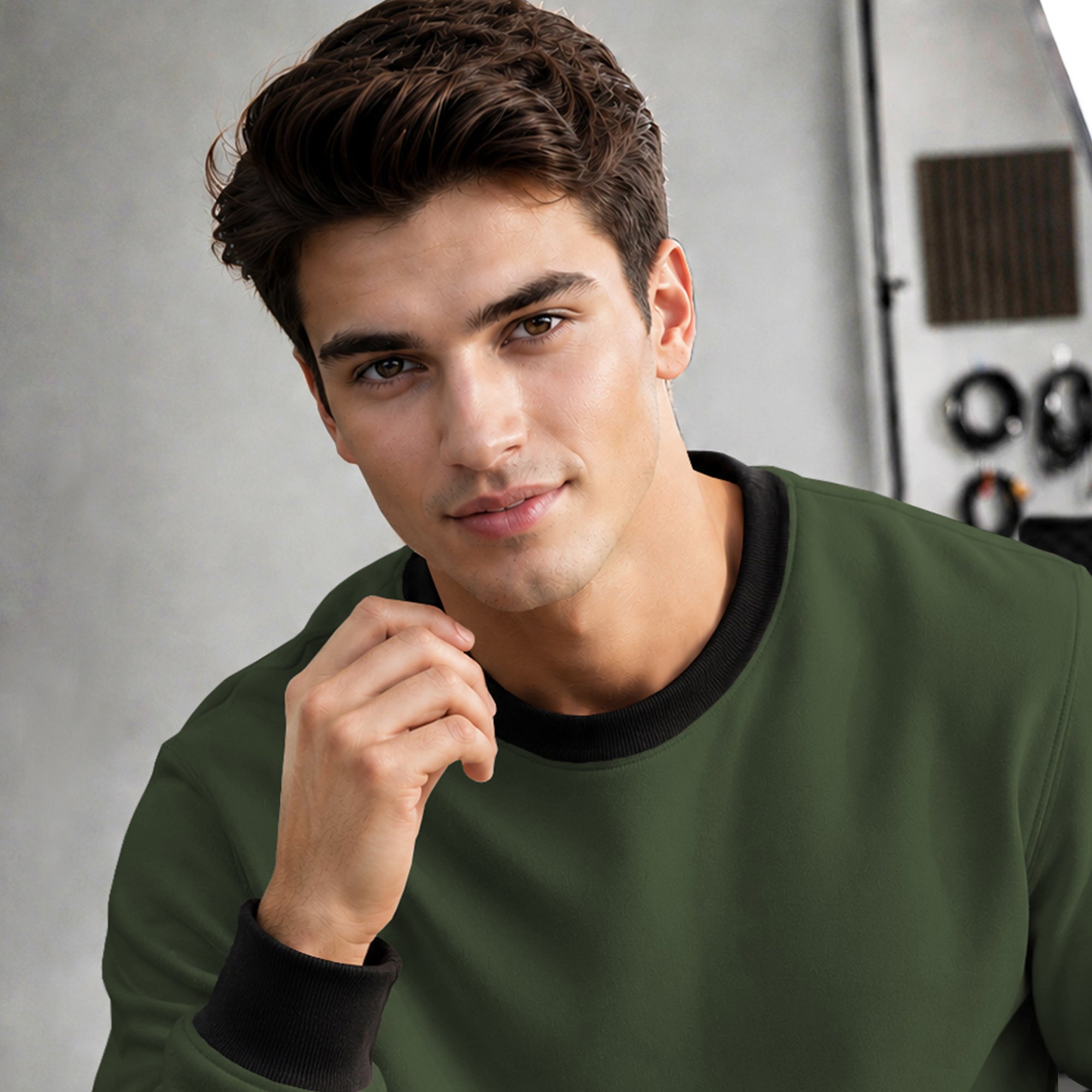 Mens Colorblocked Full Sleeve Round Neck Winter Sweatshirt Olive Green