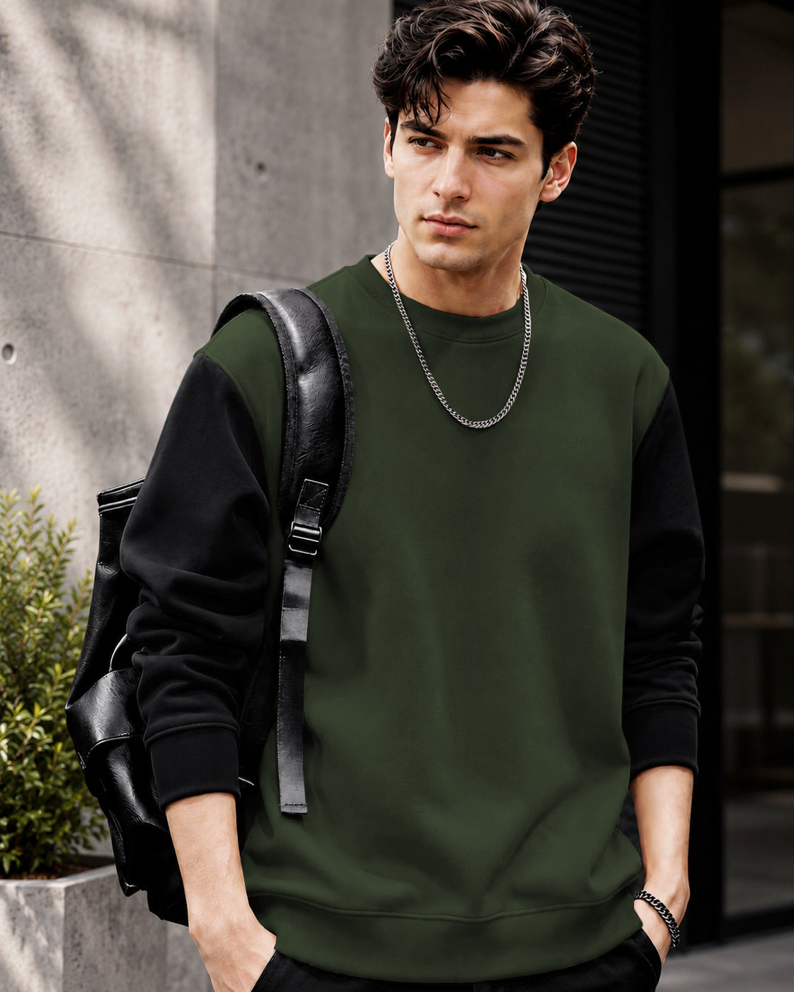 Mens Contrast Sleeve Round Neck Sweatshirt Olivegreen
