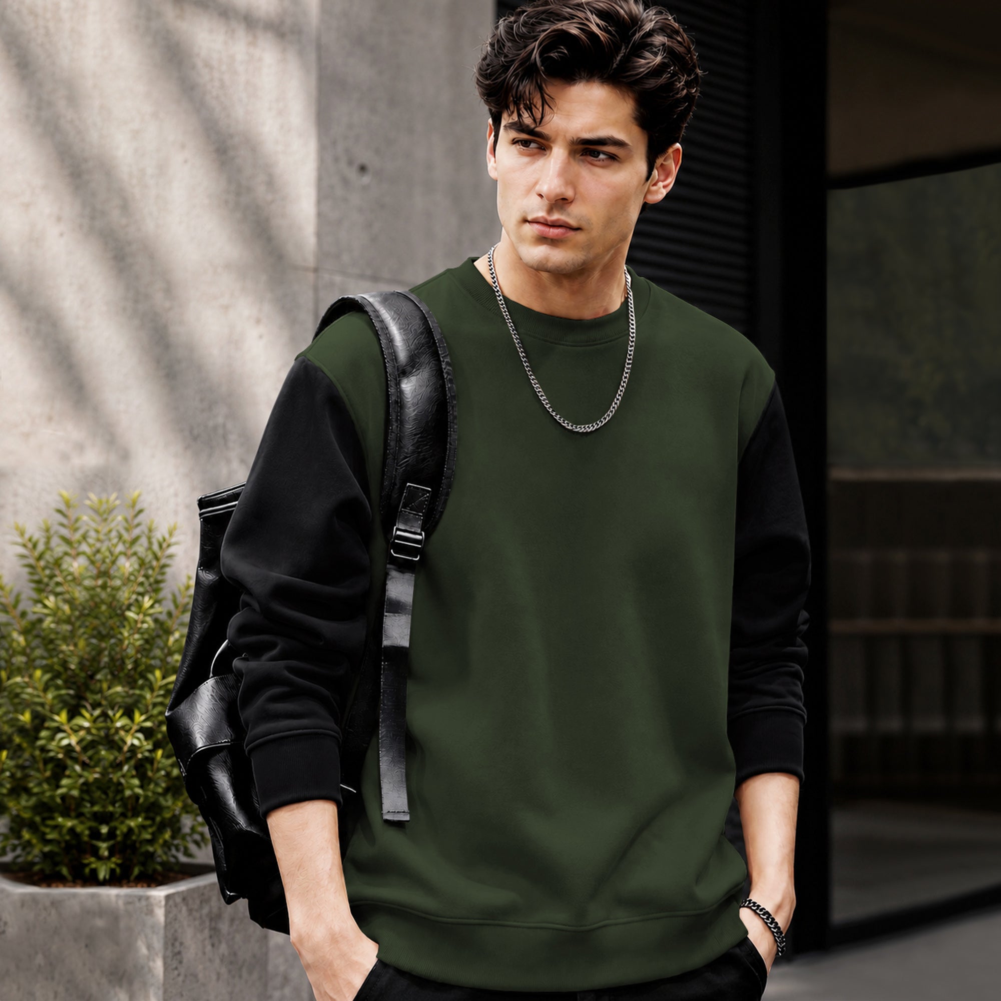 Mens Contrast Sleeve Round Neck Sweatshirt Olivegreen