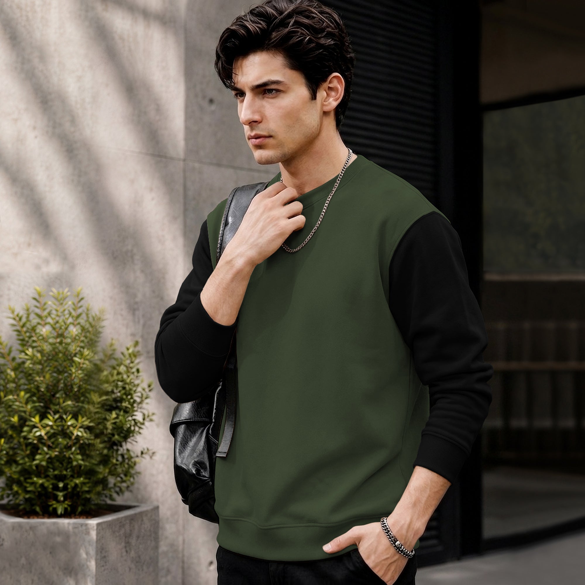 Mens Contrast Sleeve Round Neck Sweatshirt Olivegreen