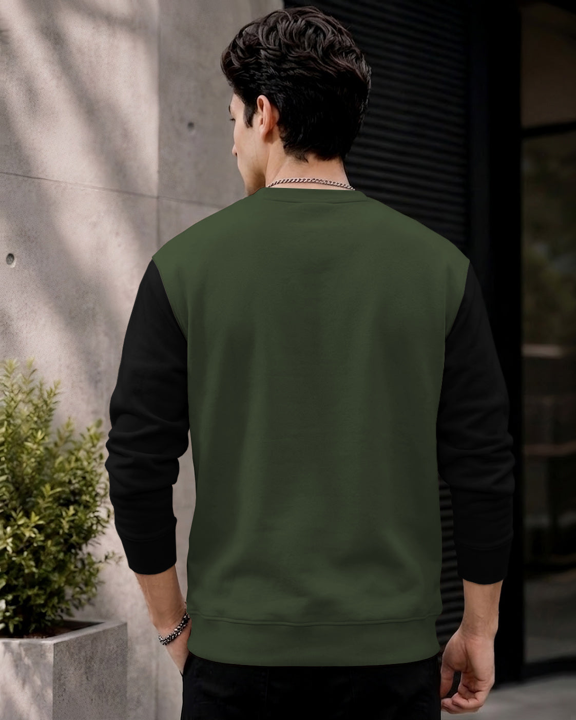 Mens Contrast Sleeve Round Neck Sweatshirt Olivegreen