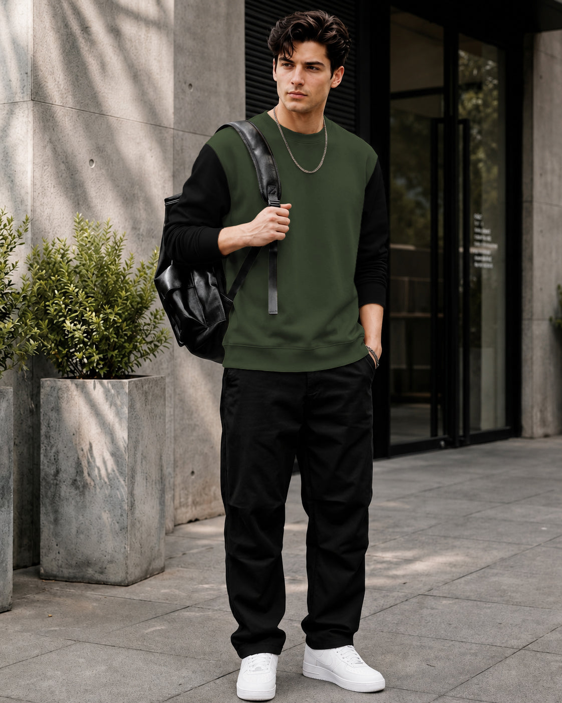 Mens Contrast Sleeve Round Neck Sweatshirt Olivegreen