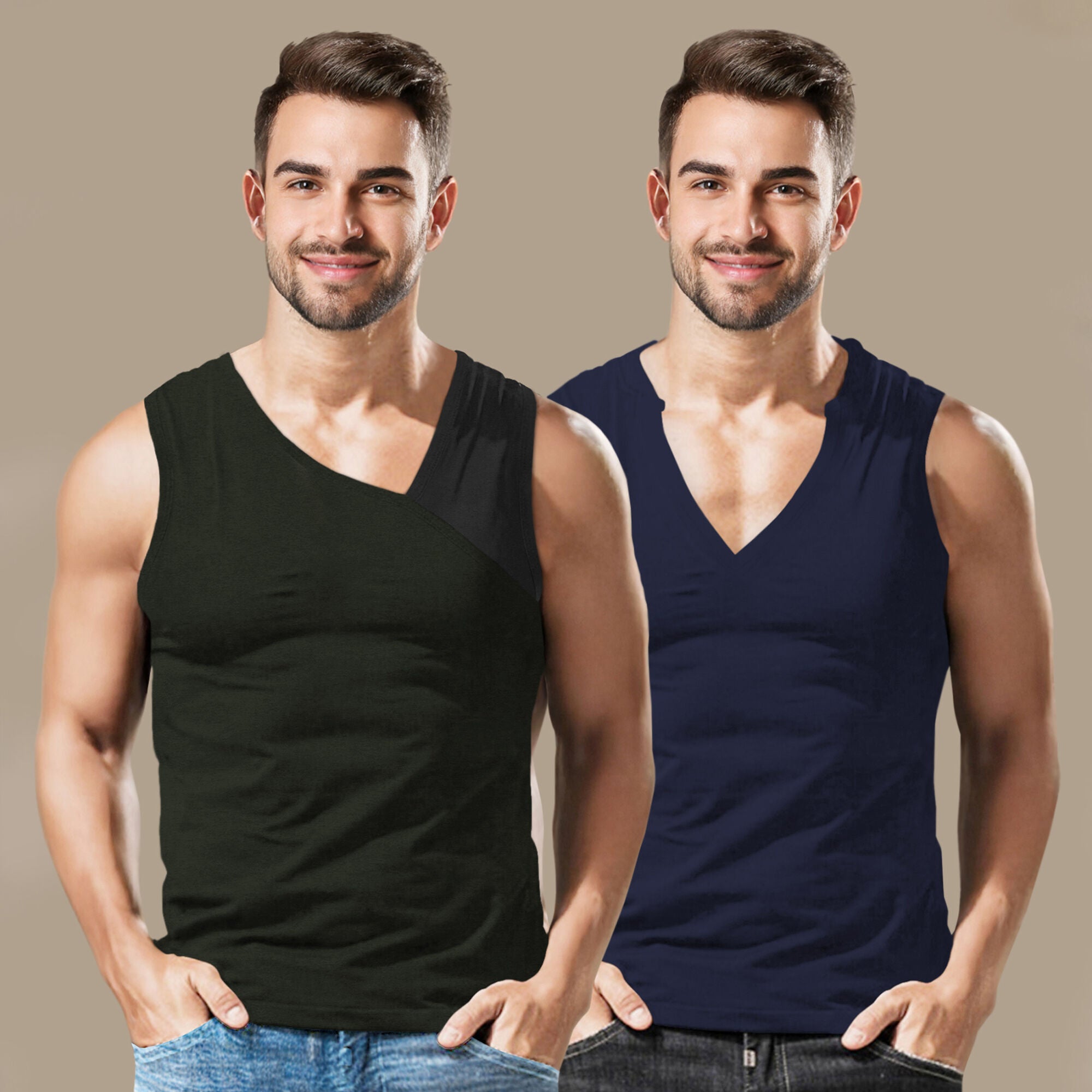 (Pack Of 2) Men Printed Top Tank Olivegreen & Navyblue