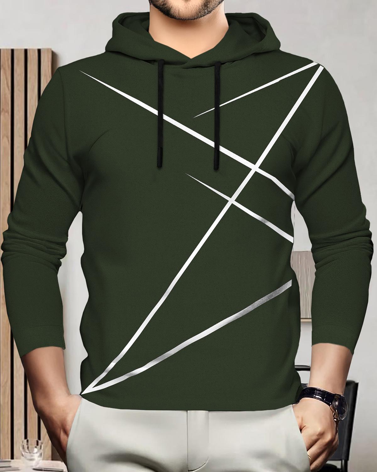 Men Full Sleeve Zig Zag Printed Hooded T-shirt / Olivgreen